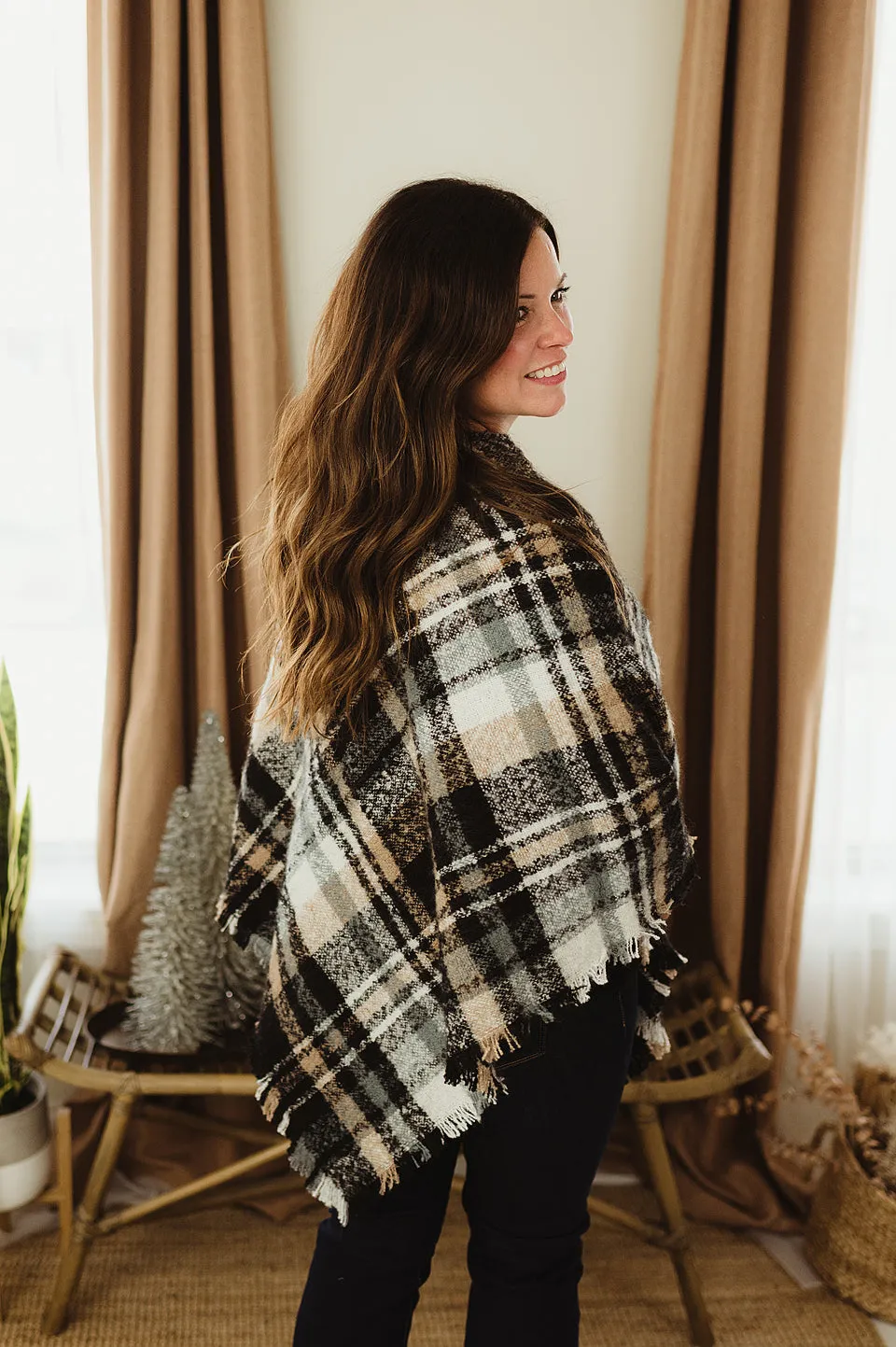 Plaid Frayed Poncho