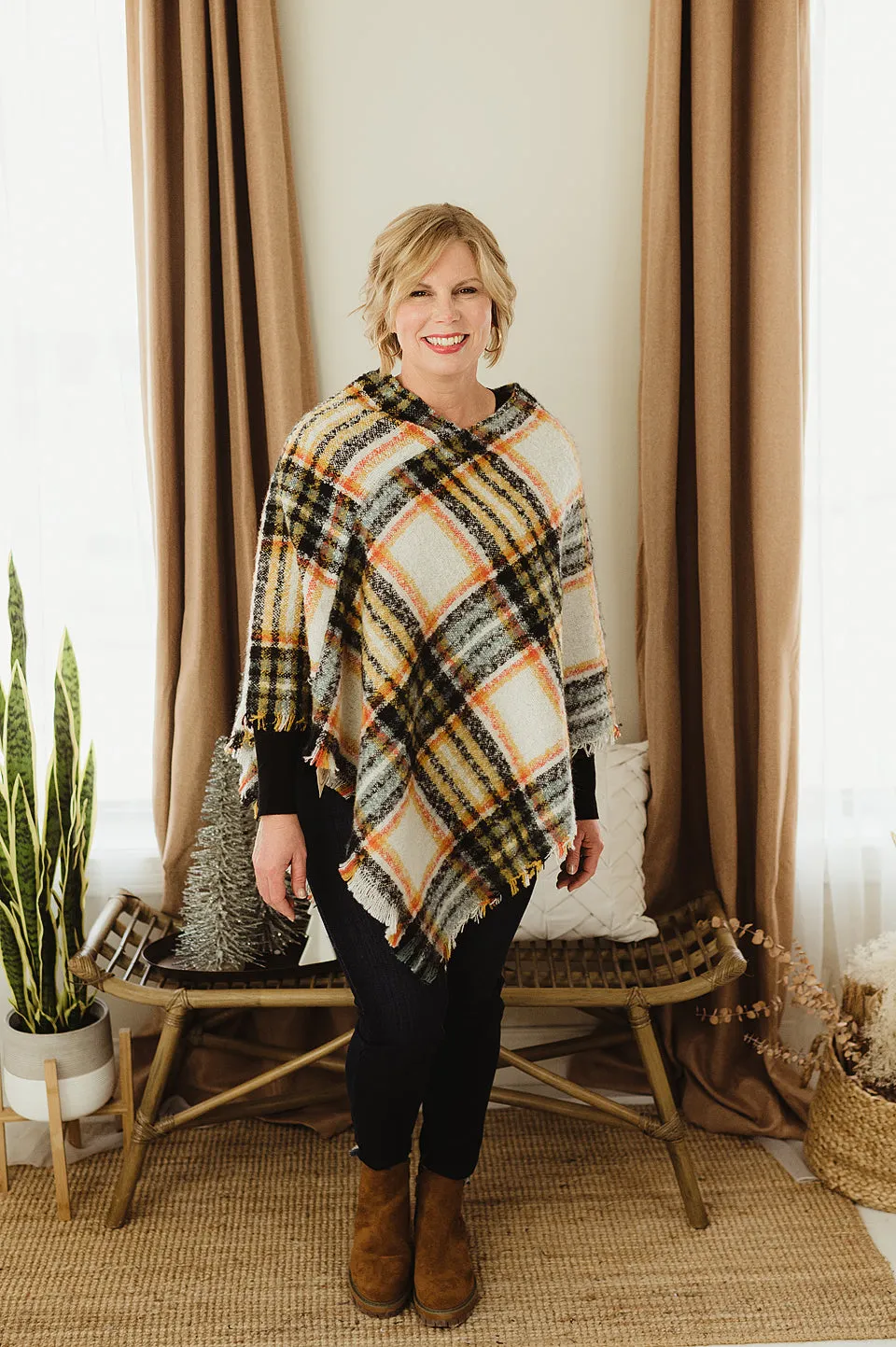 Plaid Frayed Poncho