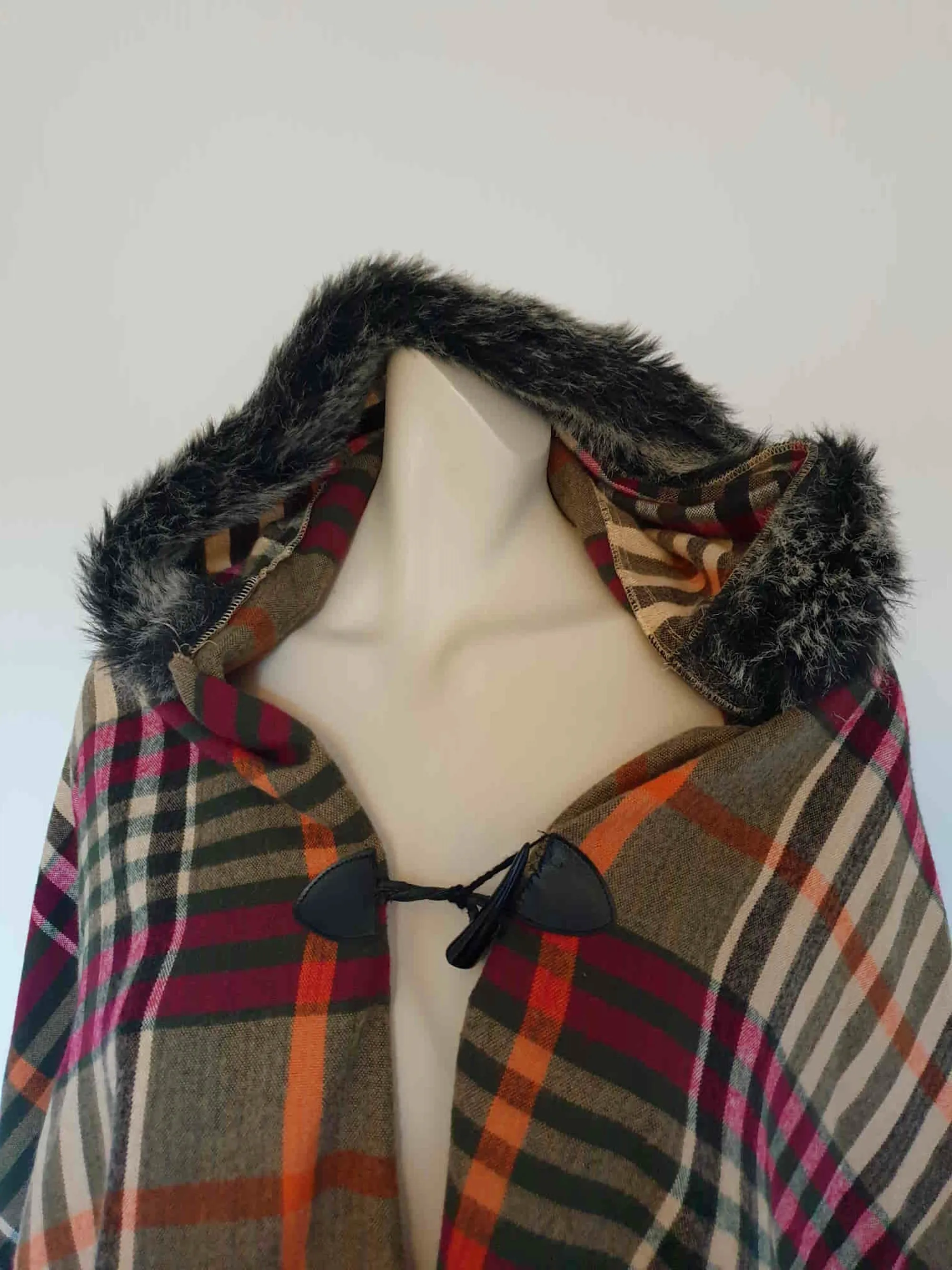 Plaid Poncho with Faux Fur Trimmed Hood