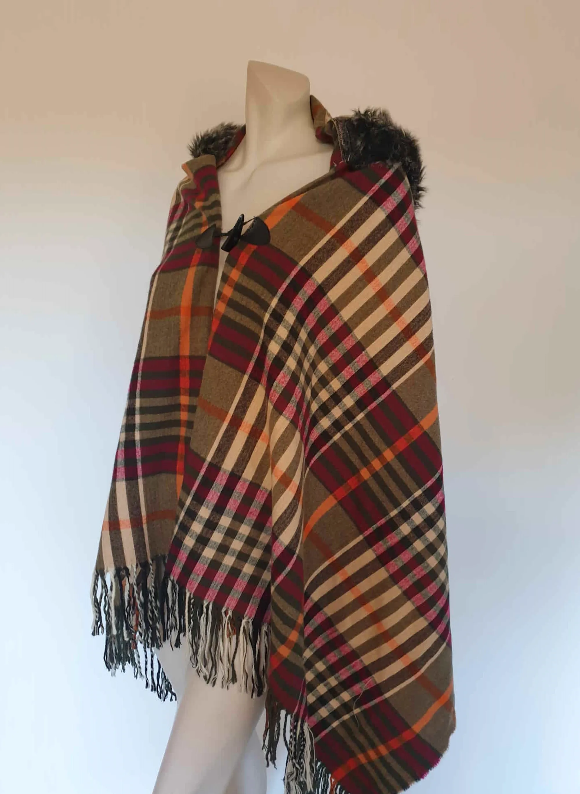 Plaid Poncho with Faux Fur Trimmed Hood