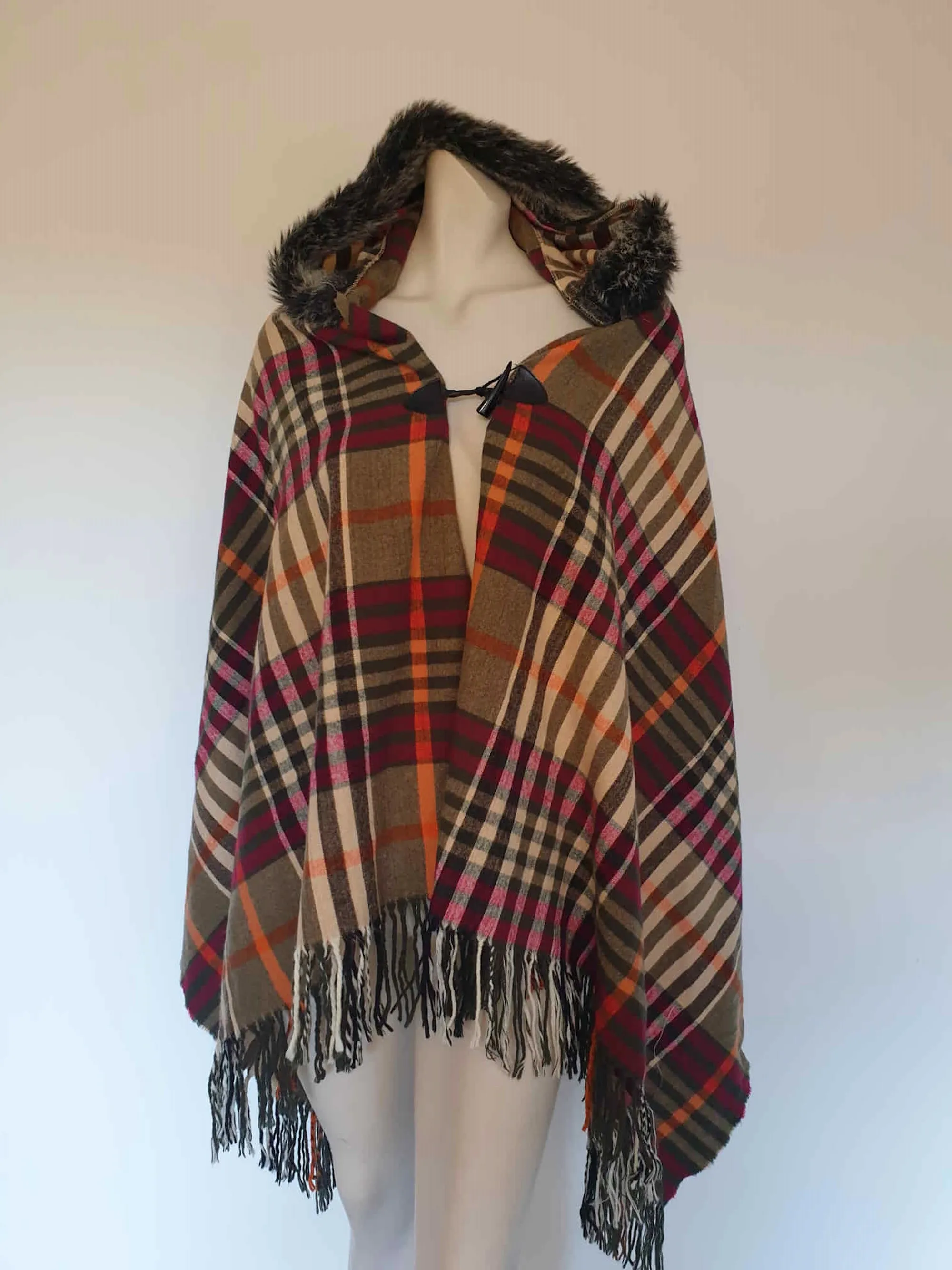 Plaid Poncho with Faux Fur Trimmed Hood