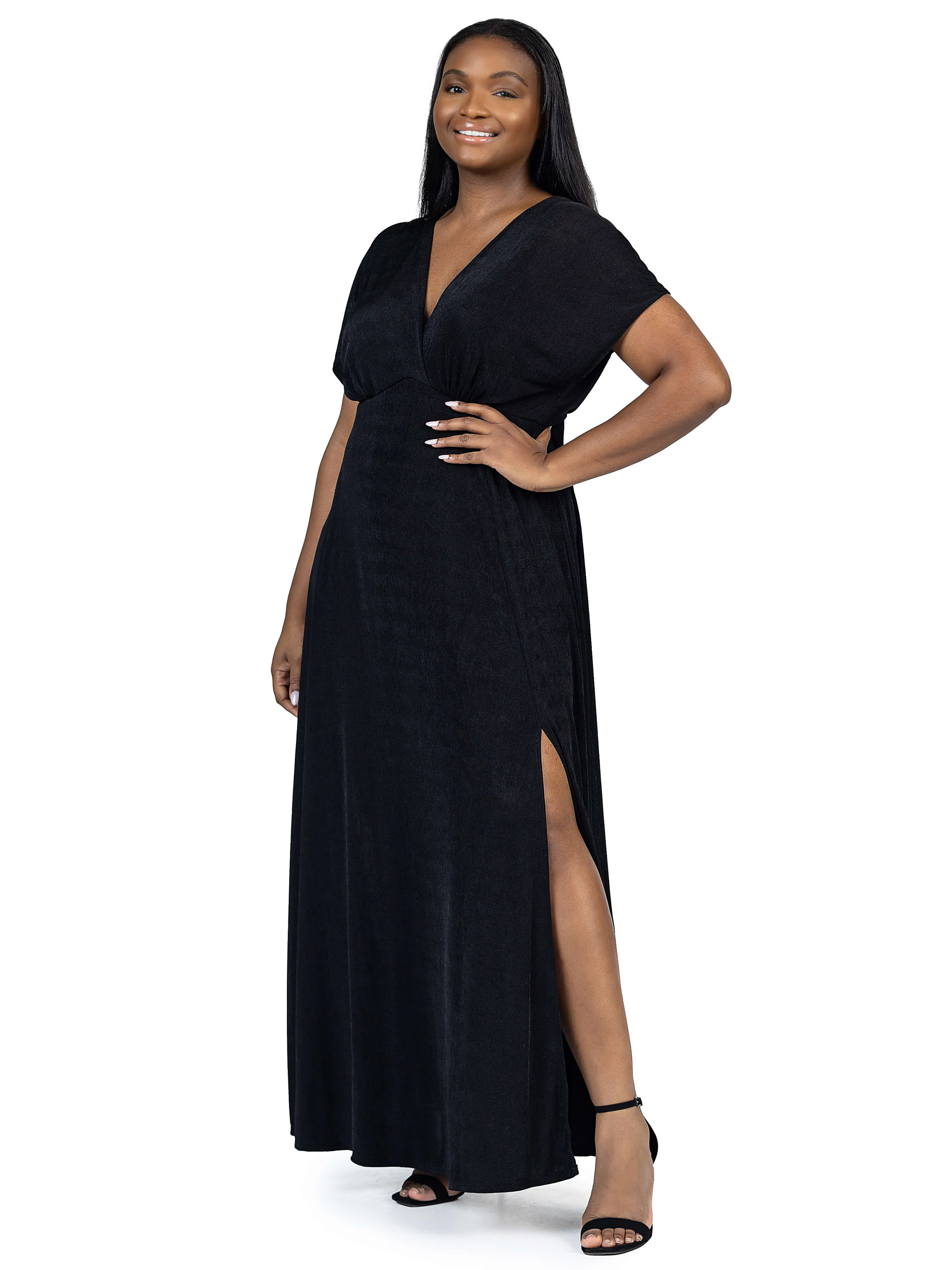 Plus Size Flutter Sleeve Metallic Knit Maxi Dress Front Slit Empire Waist