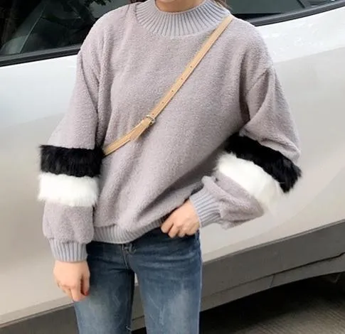 Plush O-Neck Faux Fur Bw Sleeve Fluffy Warm Sweatshirt