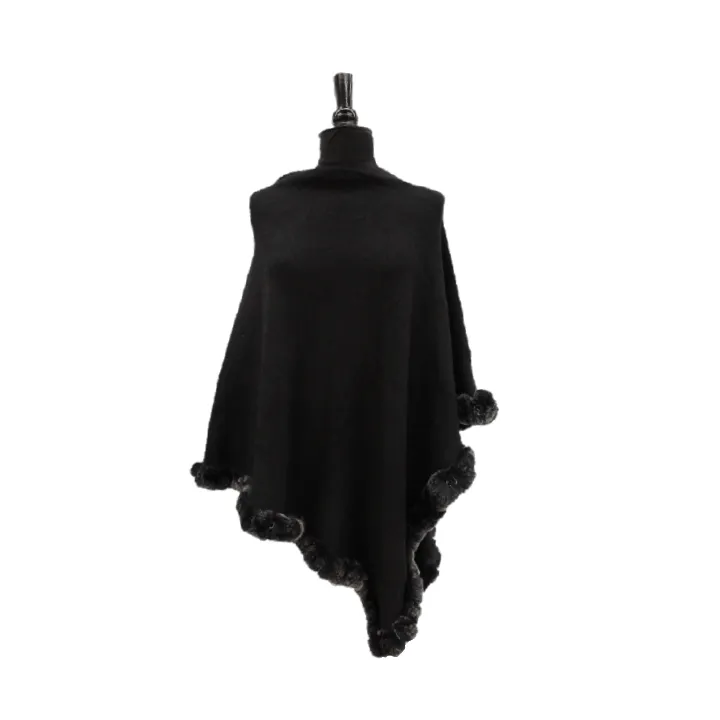 Poncho with Embellishments and Fur Trim - Black