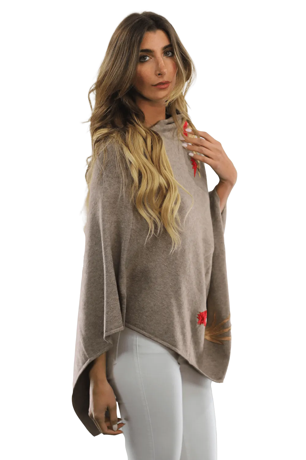 Poncho with Embroidered Phoenix - Camel Red