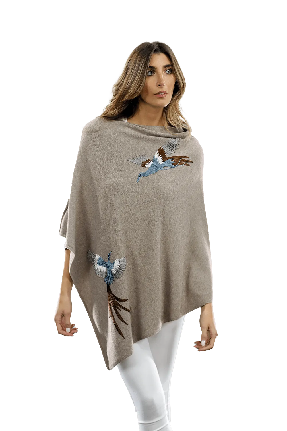 Poncho with Embroidered Phoenix - Oatmeal