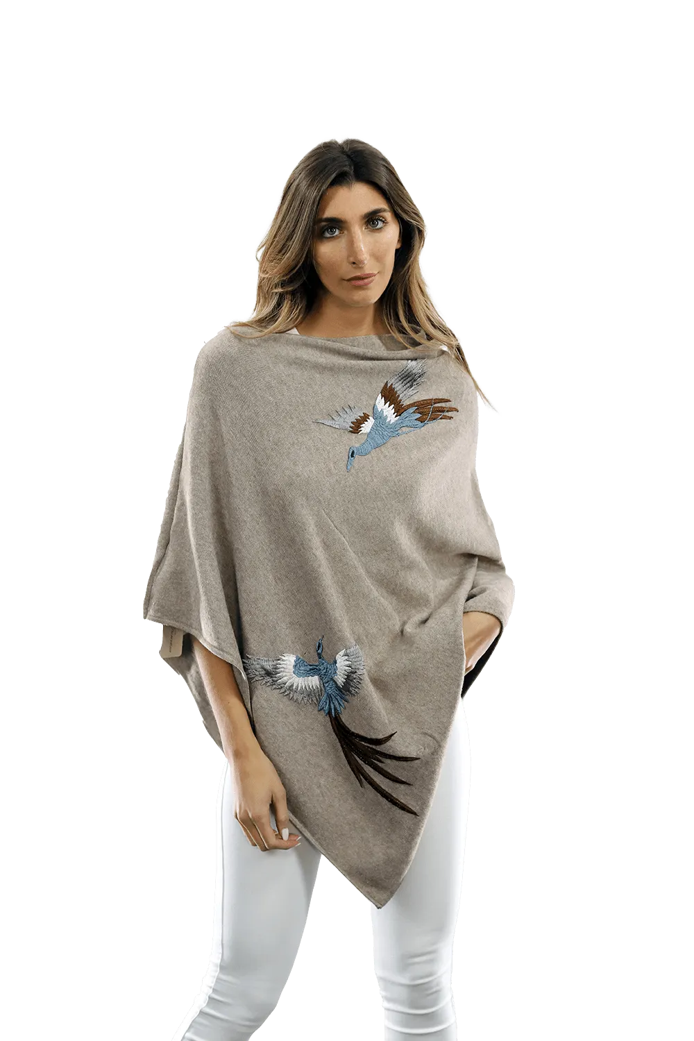 Poncho with Embroidered Phoenix - Oatmeal