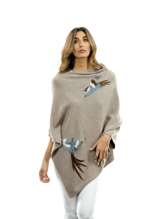 Poncho with Embroidered Phoenix - Oatmeal