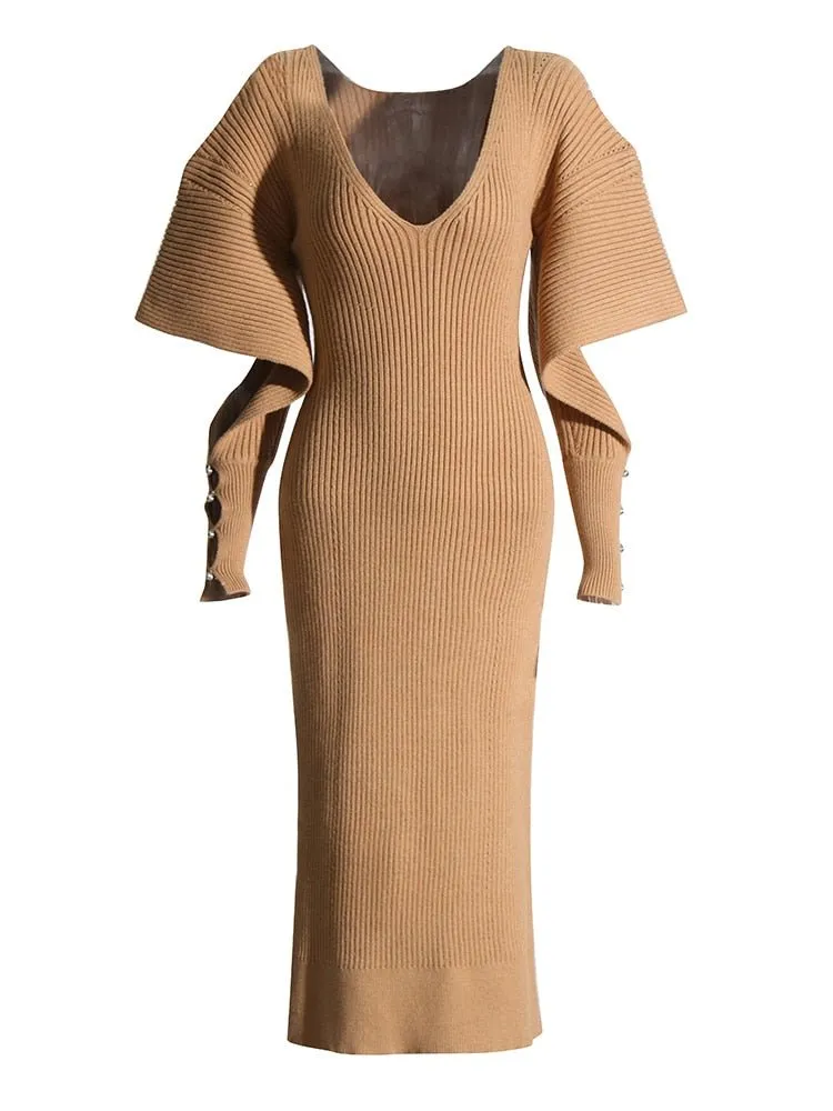 Pre Order:  Dramatic Shoulder Knit Dress