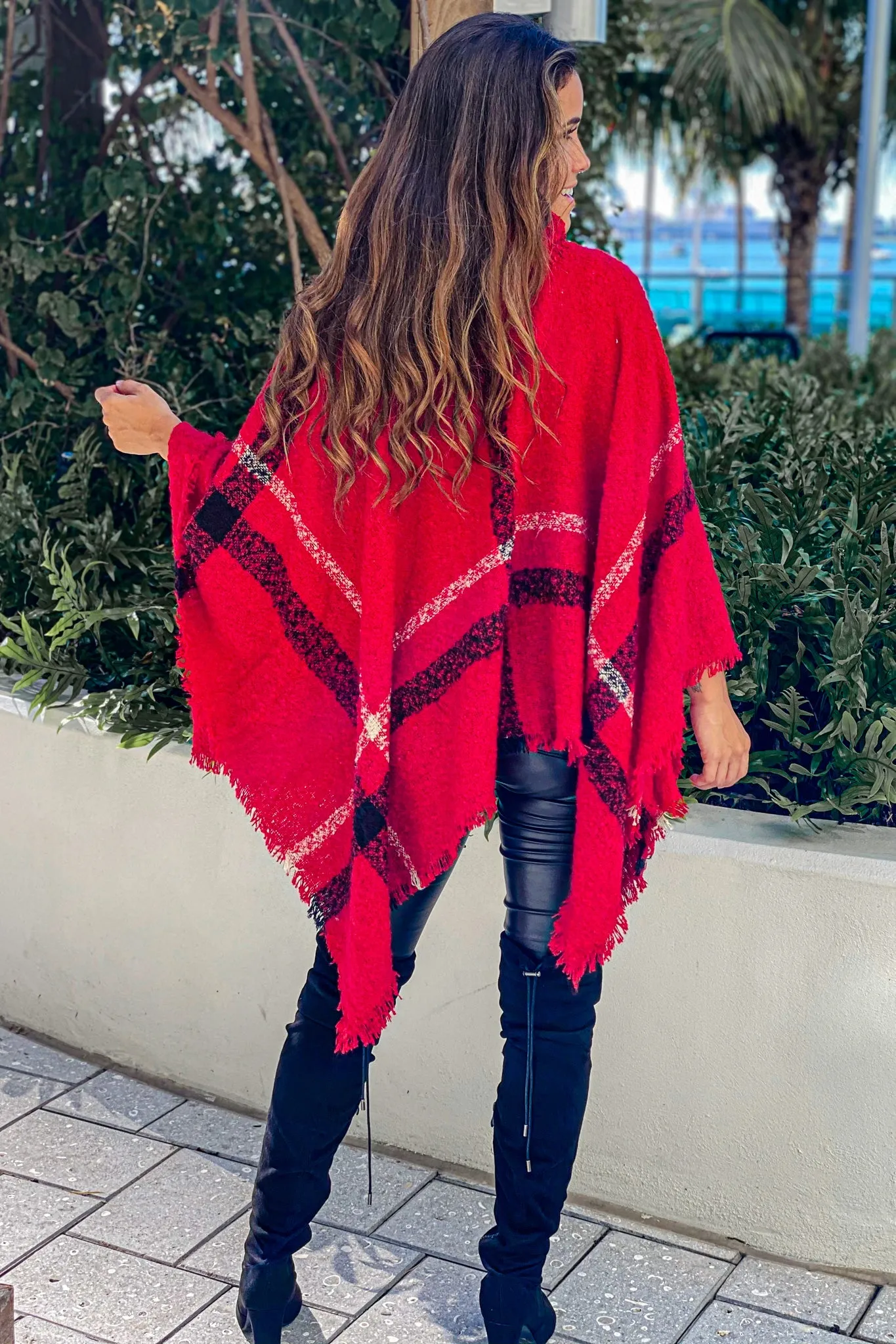 Red Plaid Turtleneck Poncho