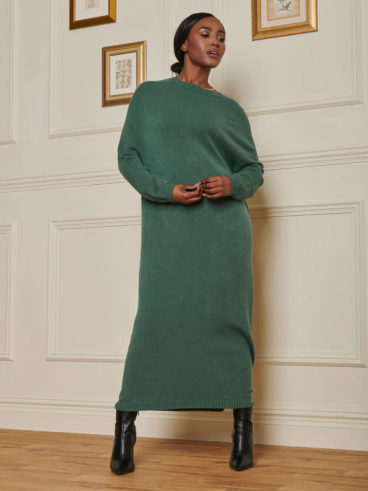 Ribbed Knit Longline Dress, Emerald Green