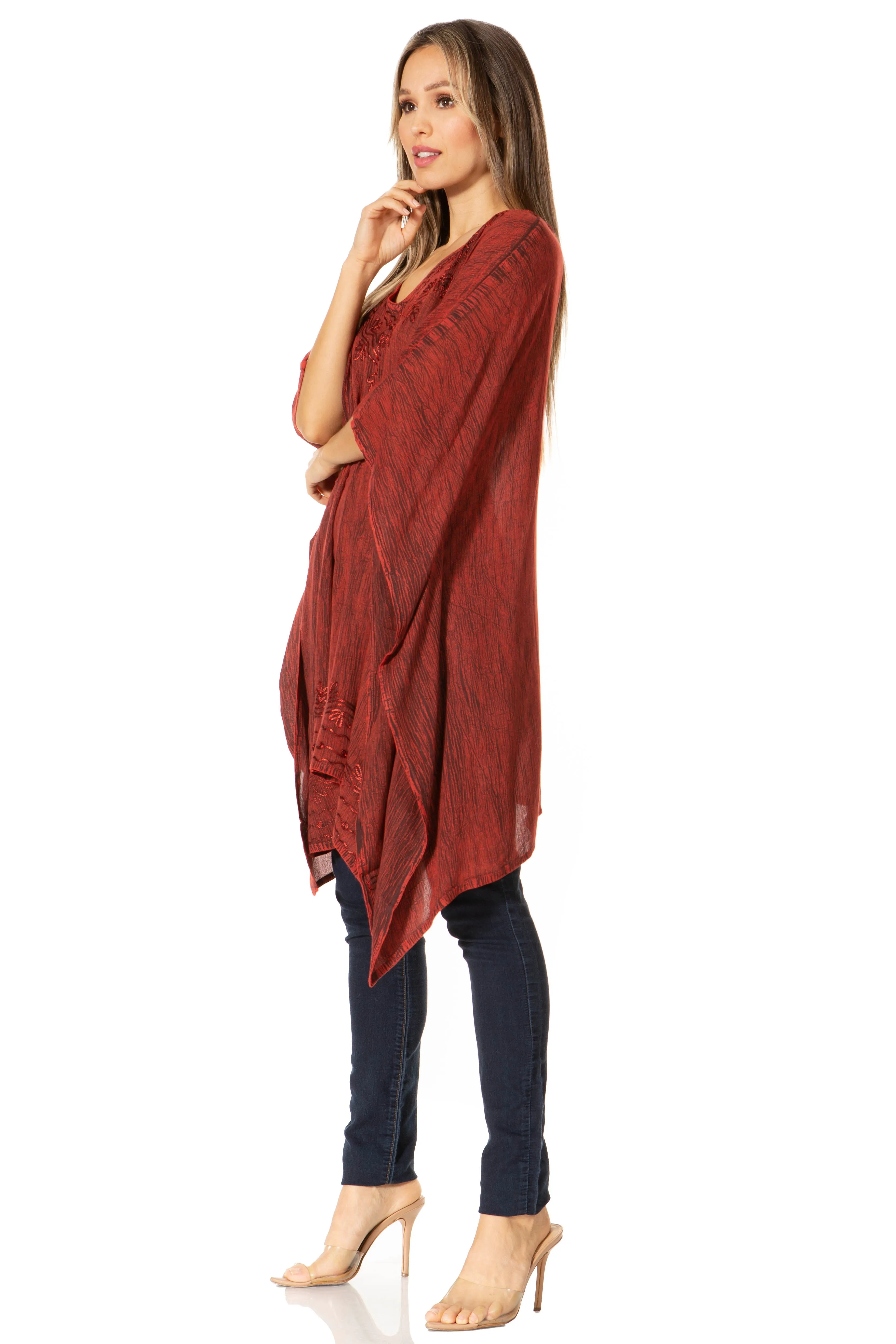 Sakkas Regina Women's Lightweight Stonewashed Poncho Top Blouse Caftan Cover up