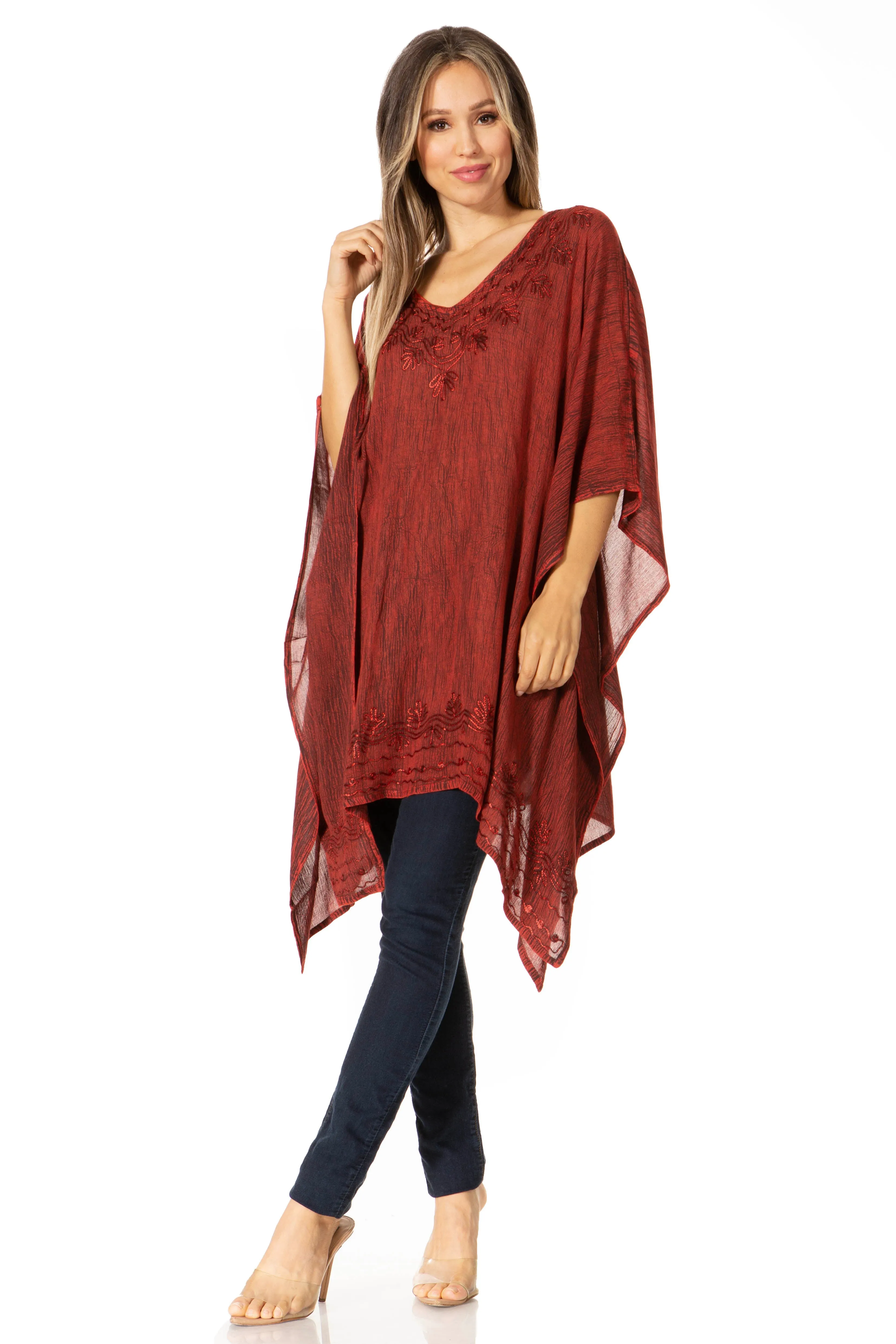 Sakkas Regina Women's Lightweight Stonewashed Poncho Top Blouse Caftan Cover up