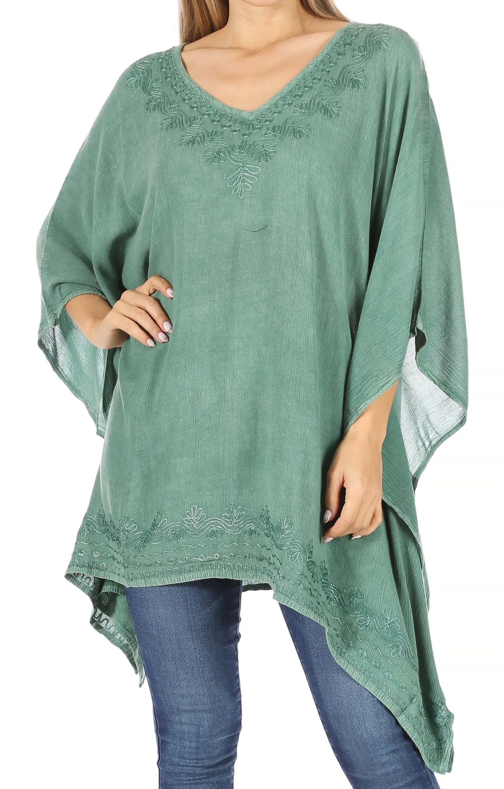 Sakkas Regina Women's Lightweight Stonewashed Poncho Top Blouse Caftan Cover up