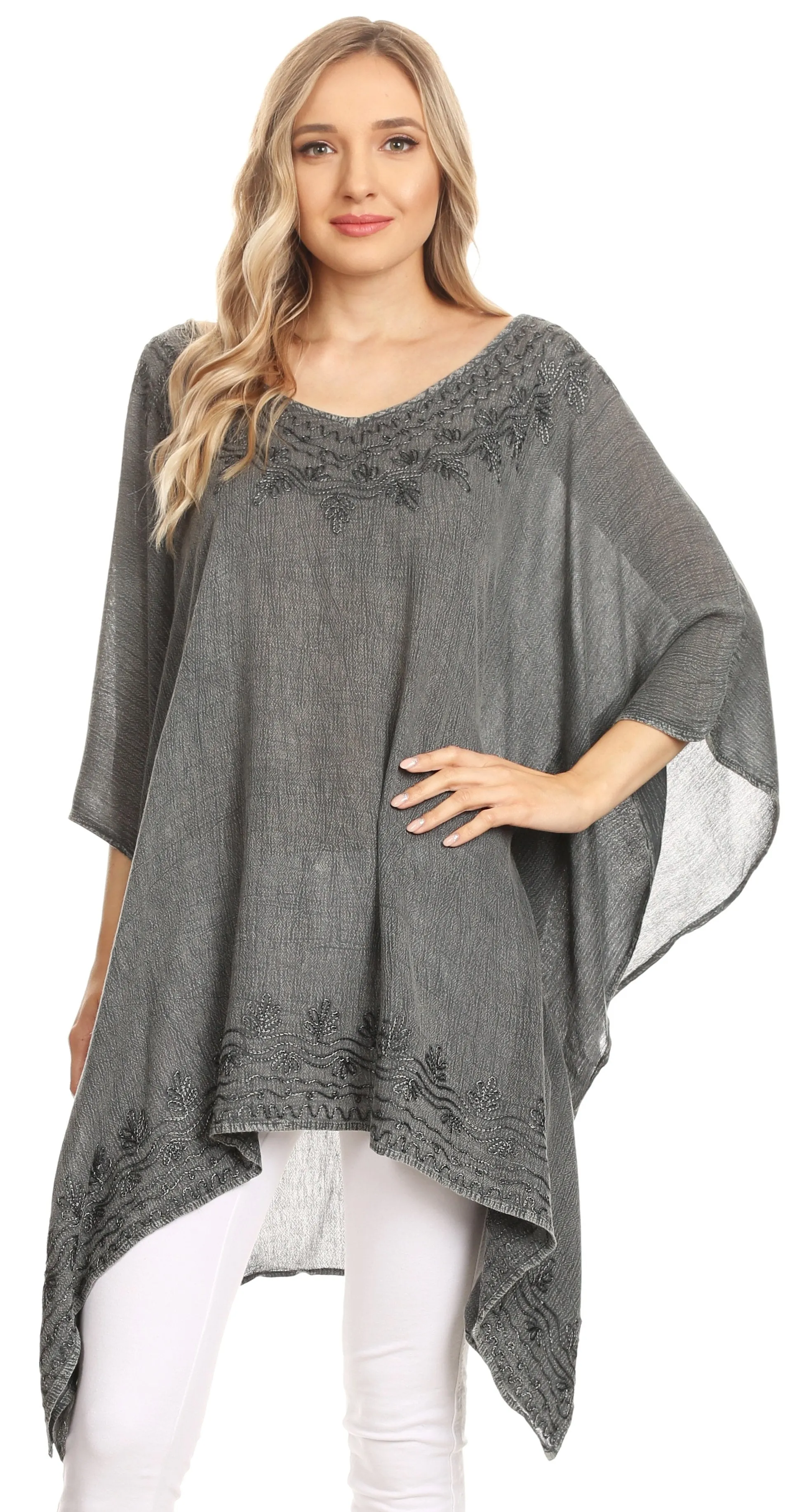 Sakkas Regina Women's Lightweight Stonewashed Poncho Top Blouse Caftan Cover up