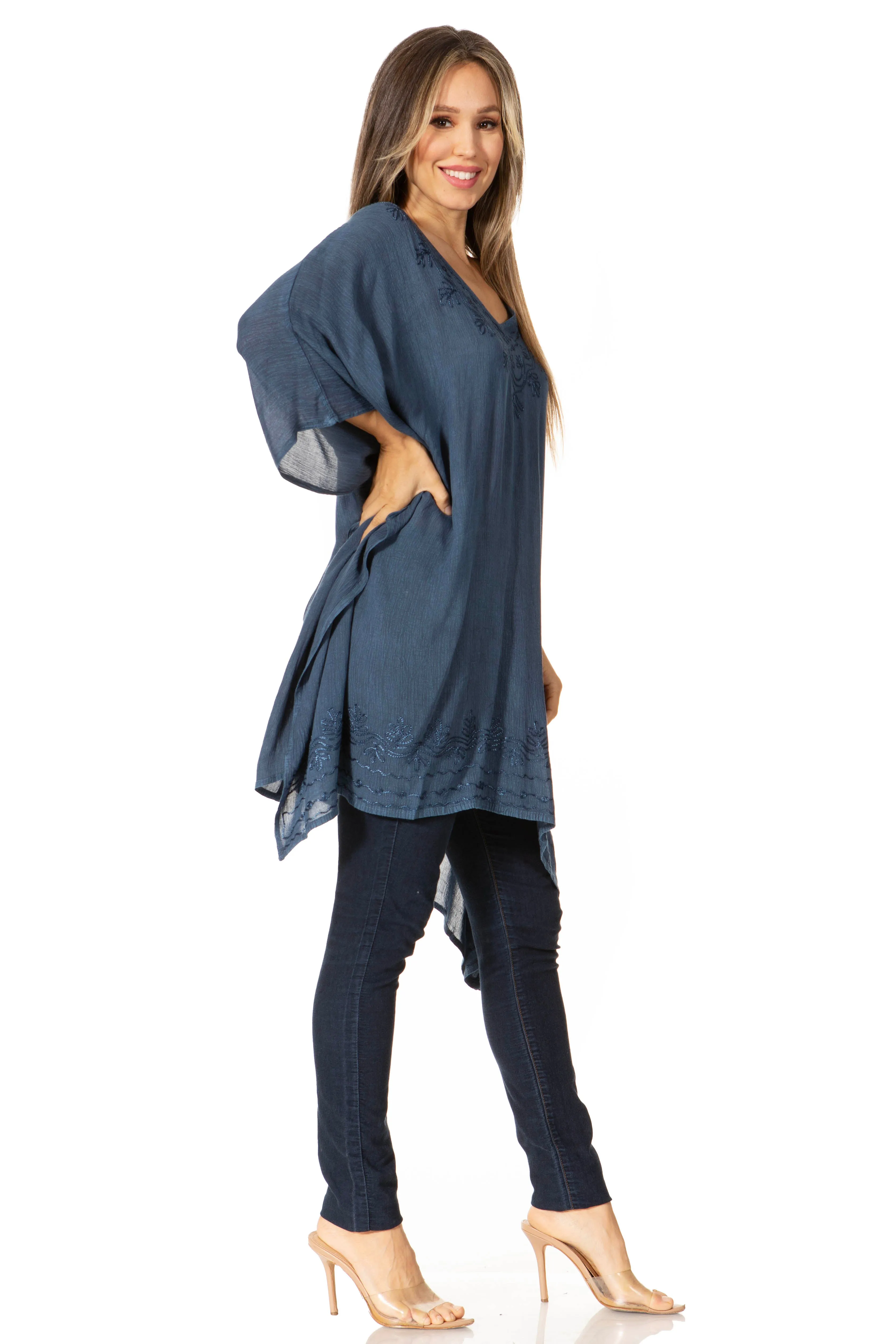 Sakkas Regina Women's Lightweight Stonewashed Poncho Top Blouse Caftan Cover up