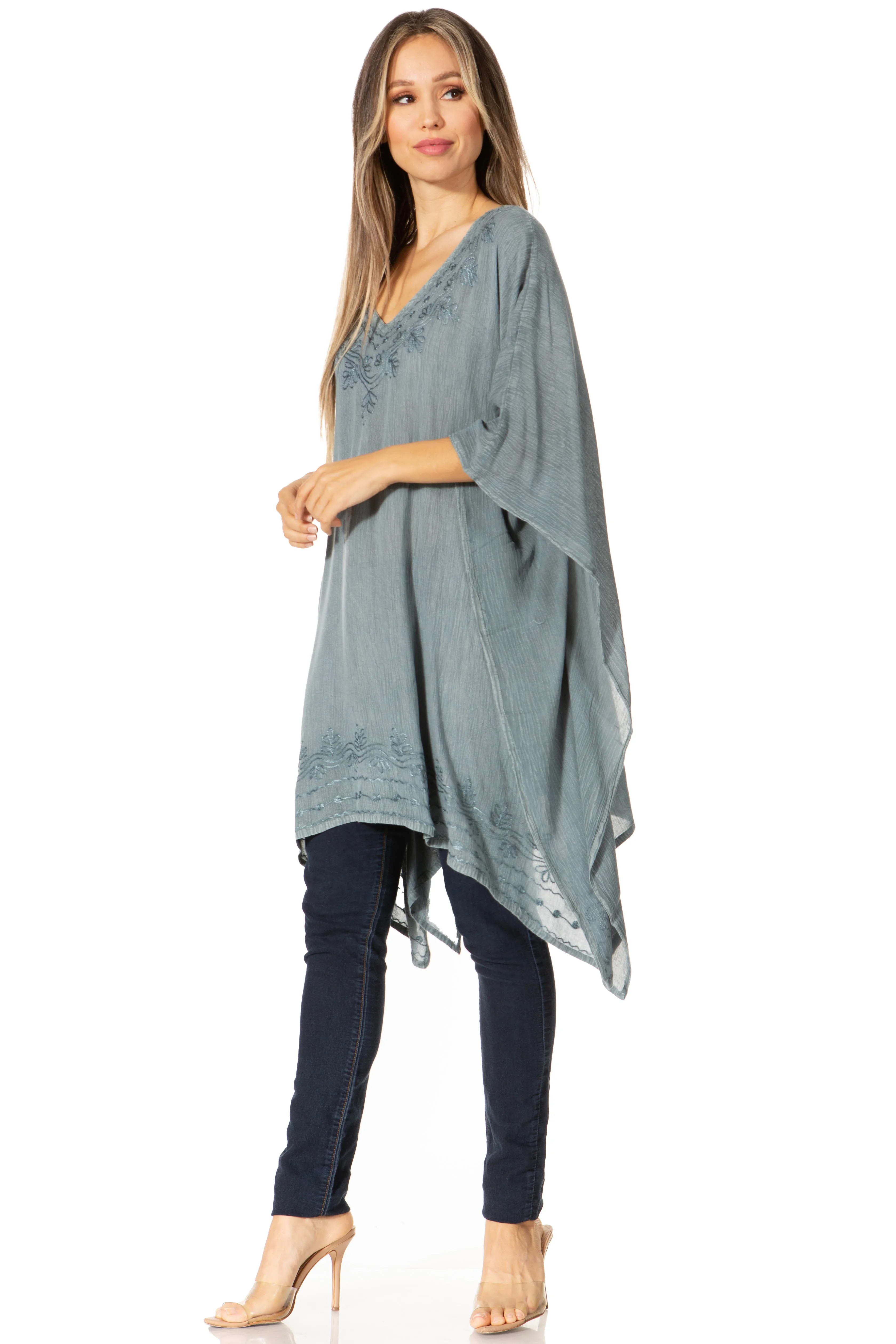 Sakkas Regina Women's Lightweight Stonewashed Poncho Top Blouse Caftan Cover up