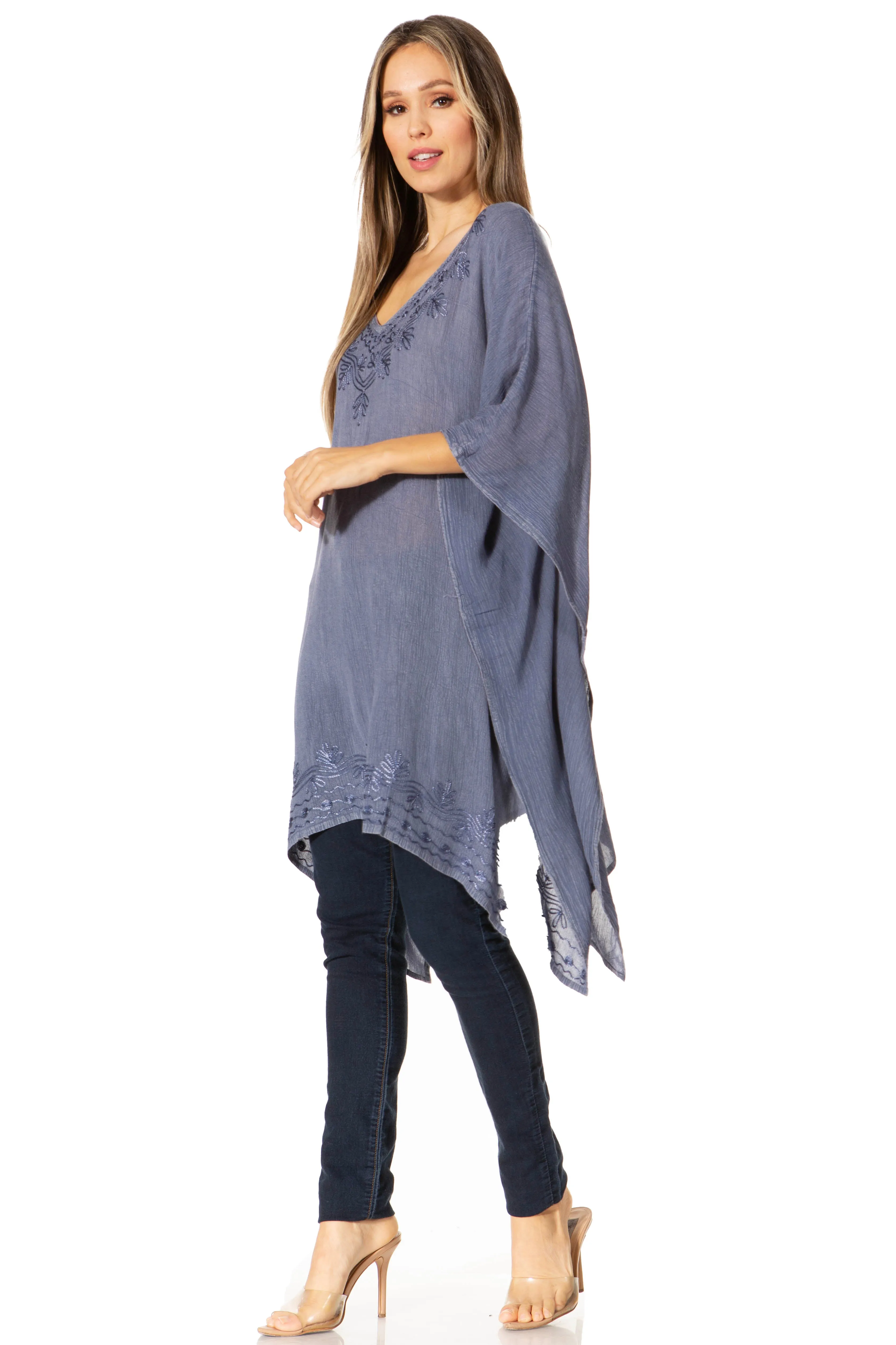 Sakkas Regina Women's Lightweight Stonewashed Poncho Top Blouse Caftan Cover up