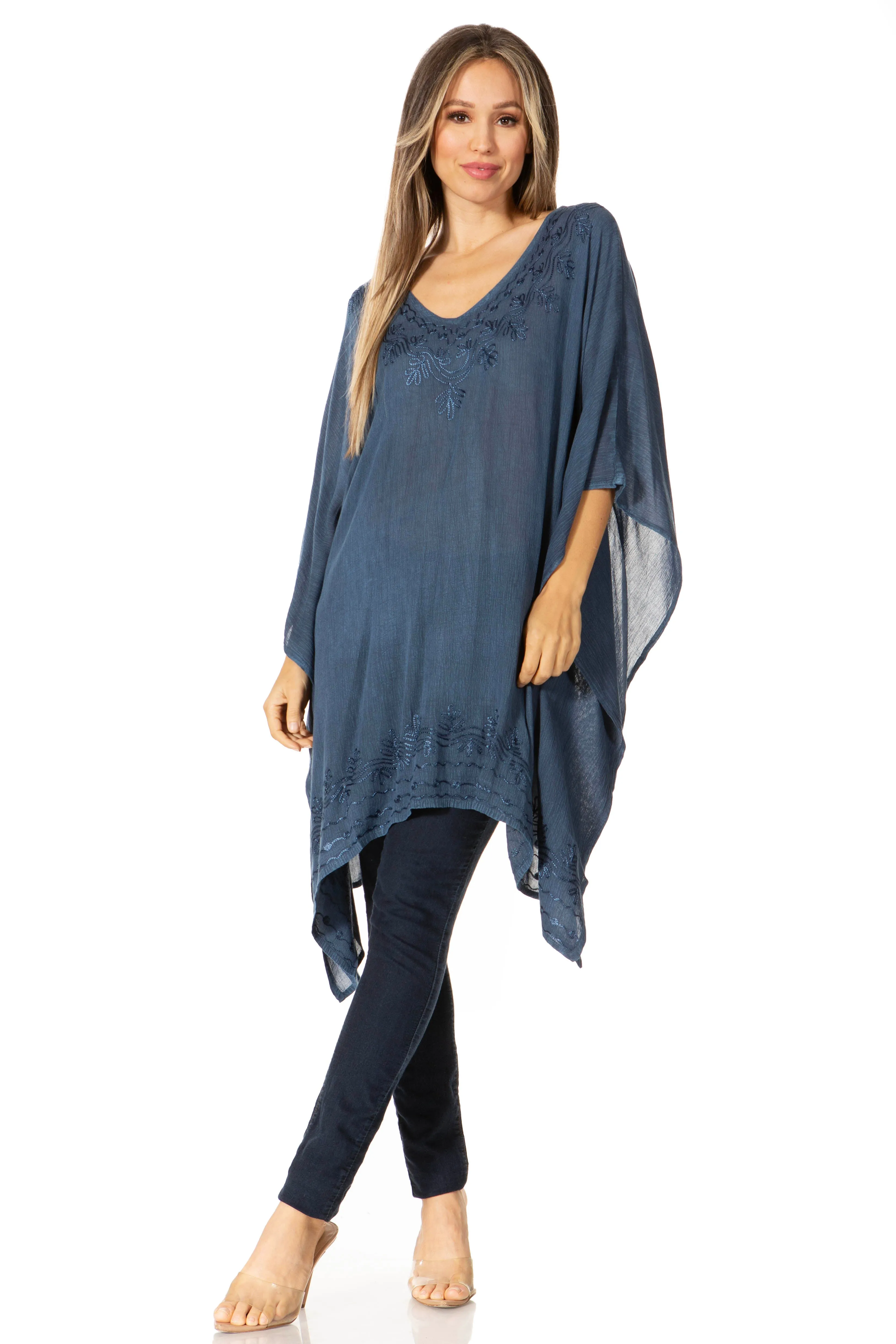 Sakkas Regina Women's Lightweight Stonewashed Poncho Top Blouse Caftan Cover up