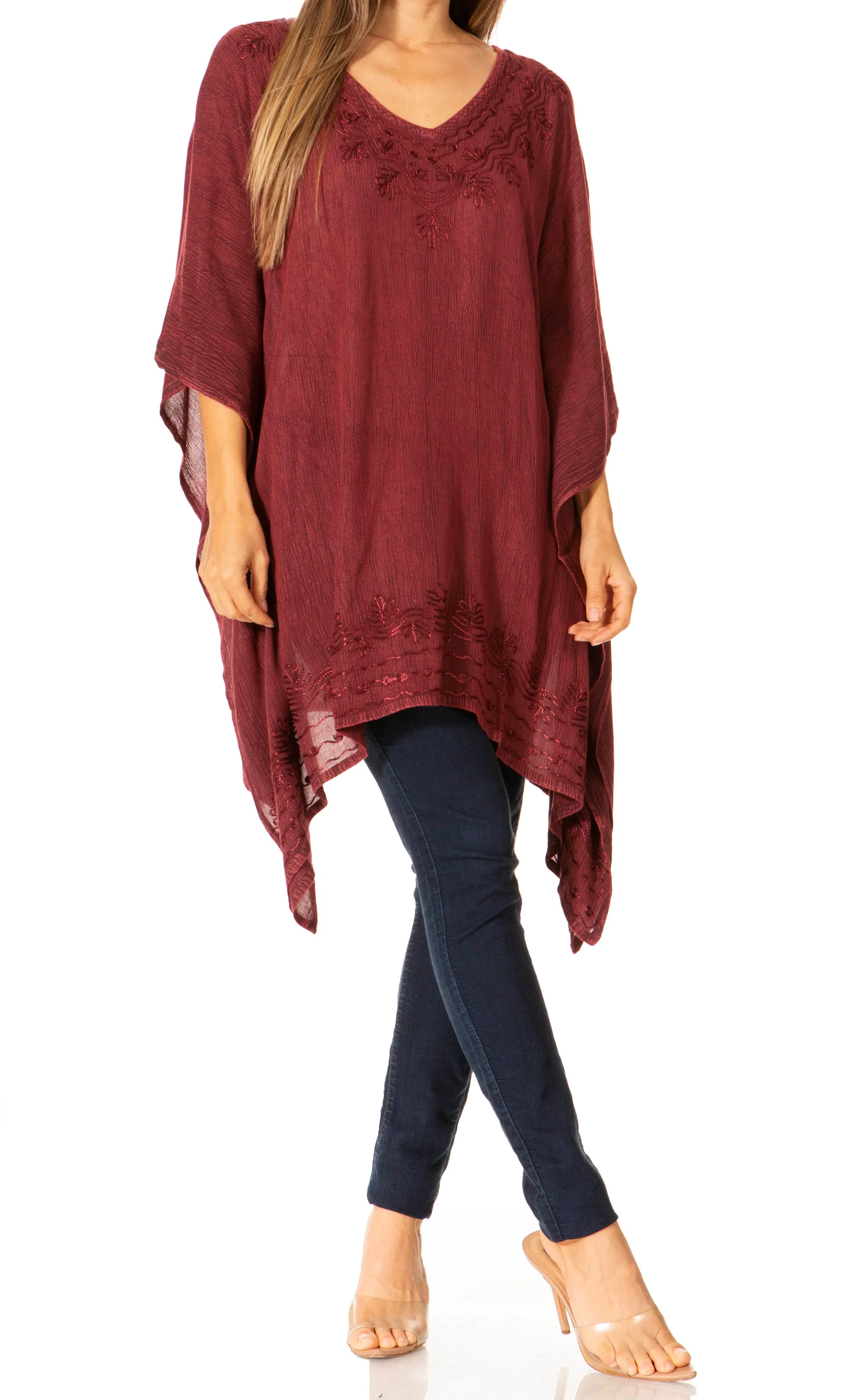 Sakkas Regina Women's Lightweight Stonewashed Poncho Top Blouse Caftan Cover up