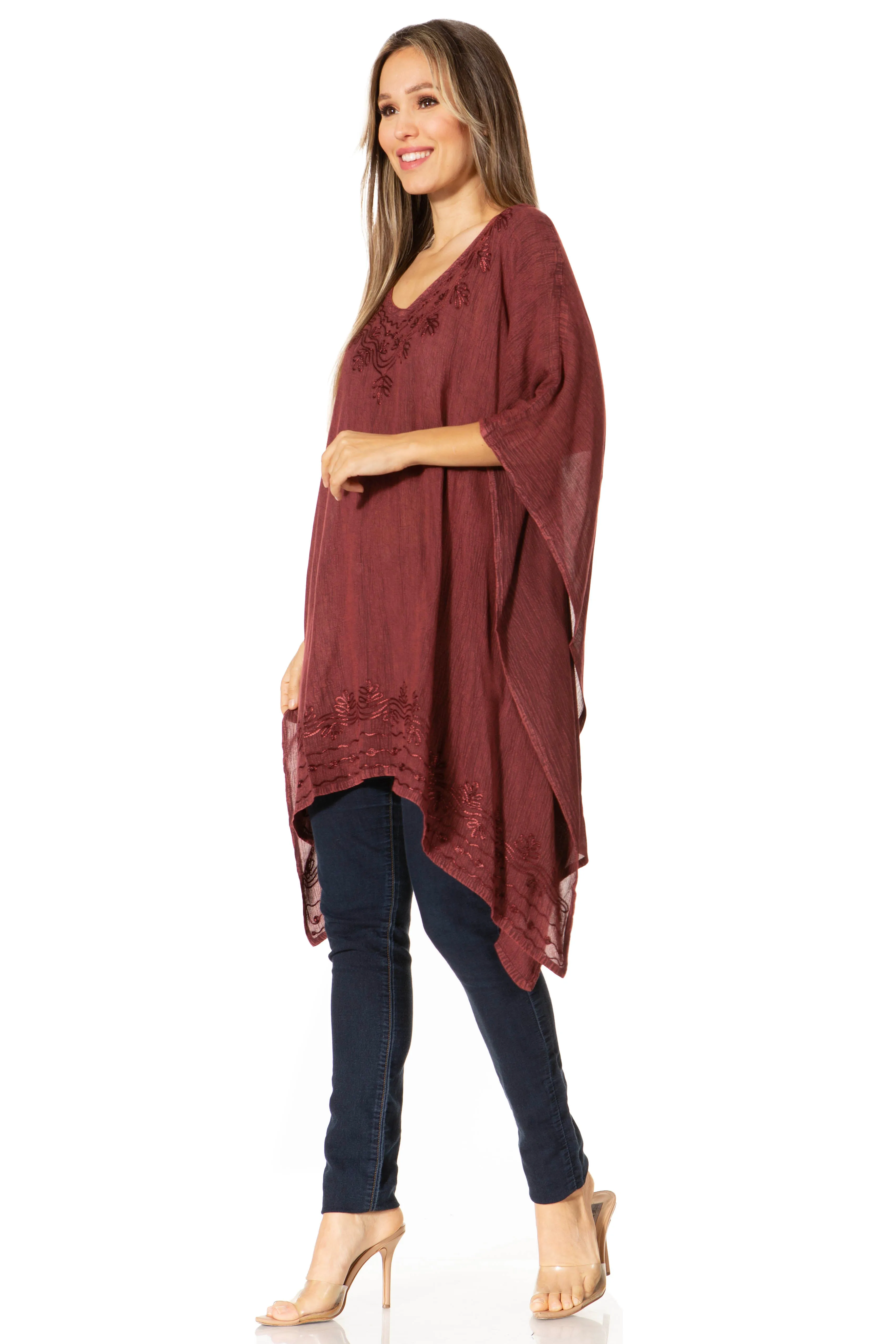 Sakkas Regina Women's Lightweight Stonewashed Poncho Top Blouse Caftan Cover up