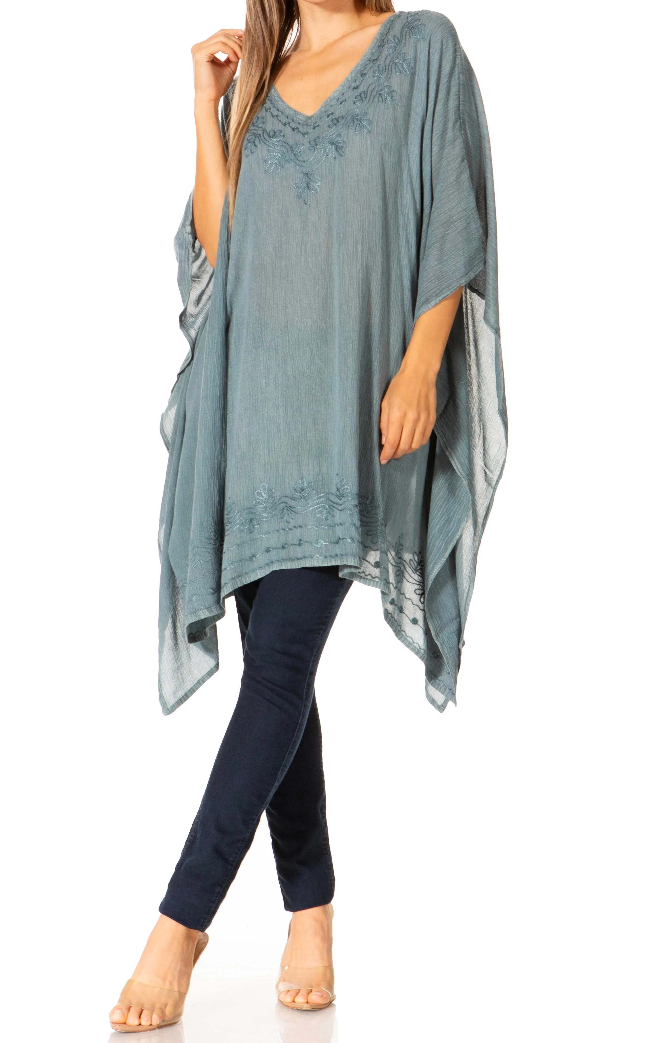 Sakkas Regina Women's Lightweight Stonewashed Poncho Top Blouse Caftan Cover up