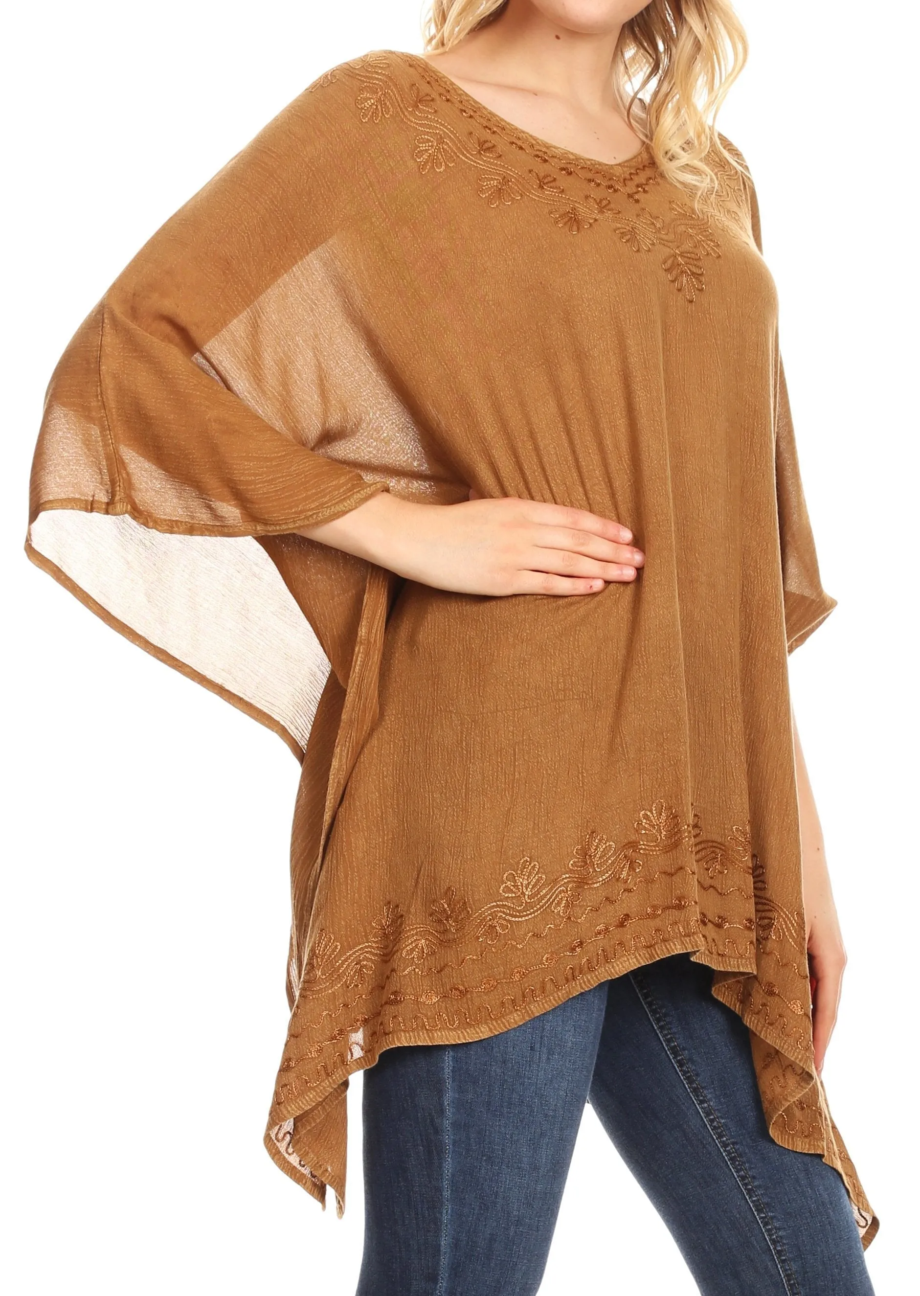 Sakkas Regina Women's Lightweight Stonewashed Poncho Top Blouse Caftan Cover up