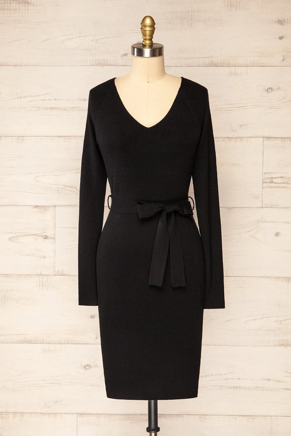 Sayure Black | Long Sleeved Ribbed Midi Dress