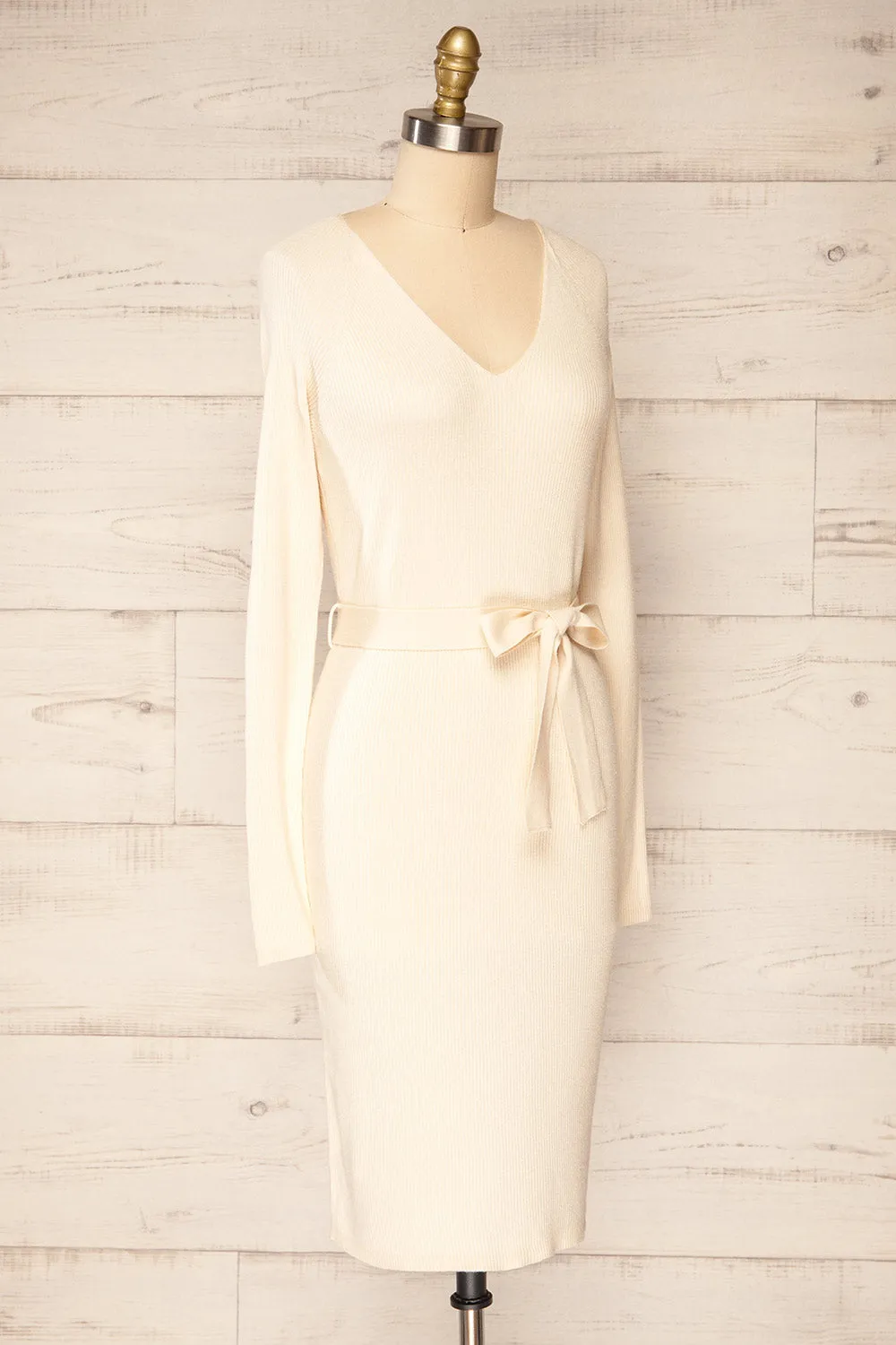 Sayure Cream | Long Sleeved Ribbed Midi Dress