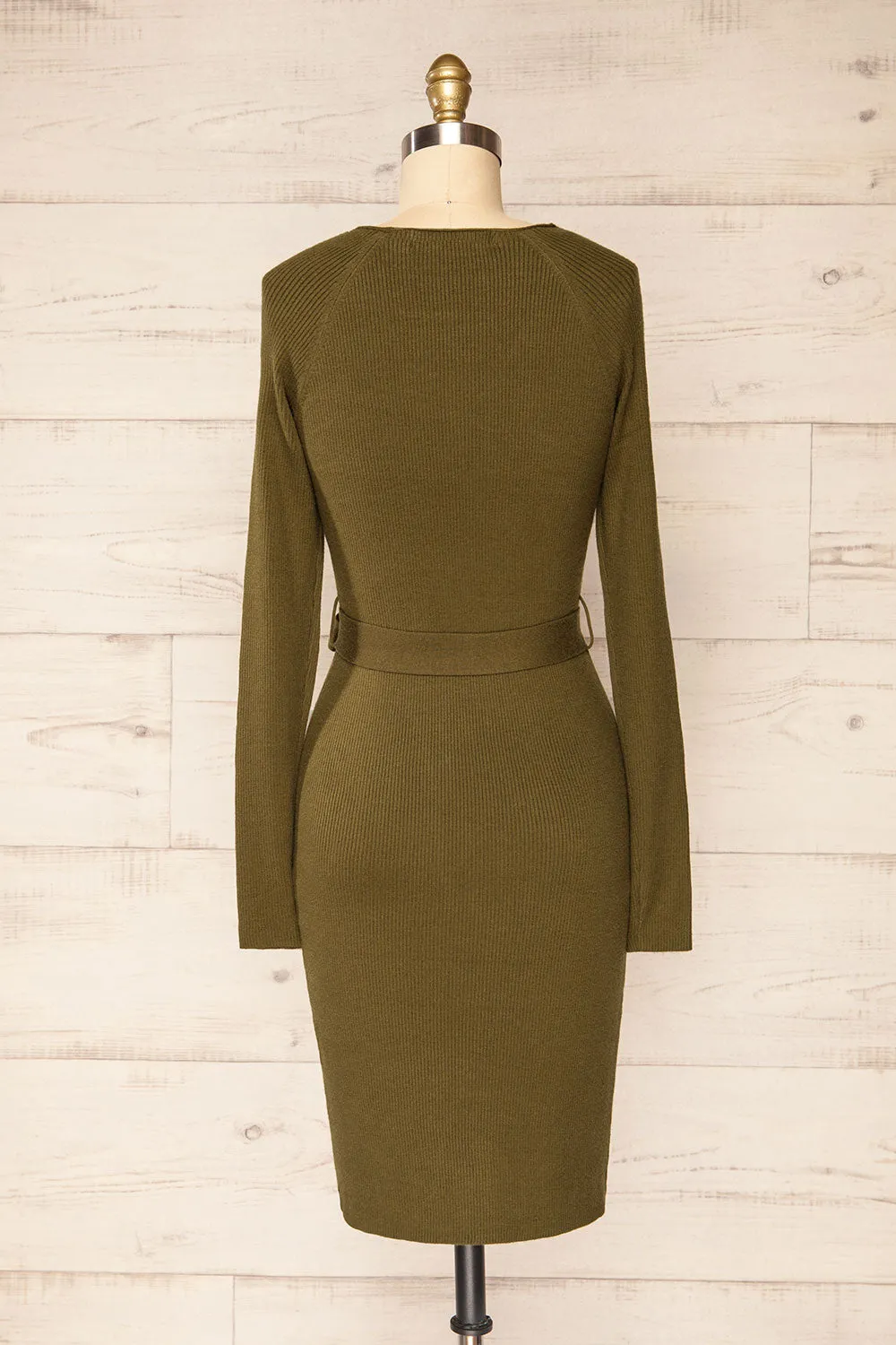 Sayure Khaki | Long Sleeved Ribbed Midi Dress