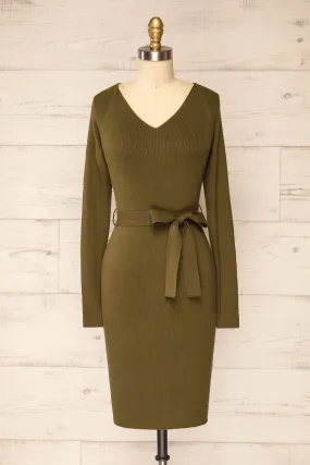 Sayure Khaki | Long Sleeved Ribbed Midi Dress