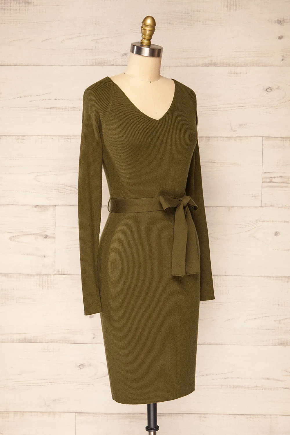 Sayure Khaki | Long Sleeved Ribbed Midi Dress