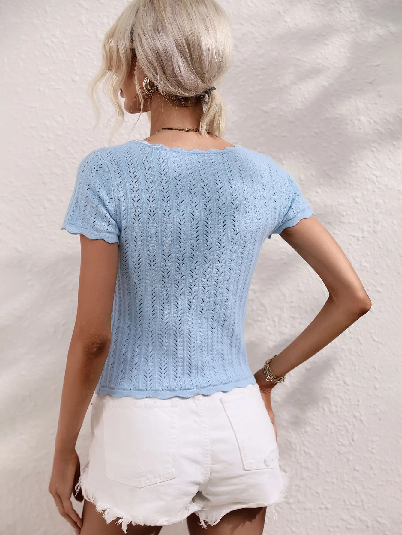 Scalloped Hem Square Neck Knit Top - 4 colors