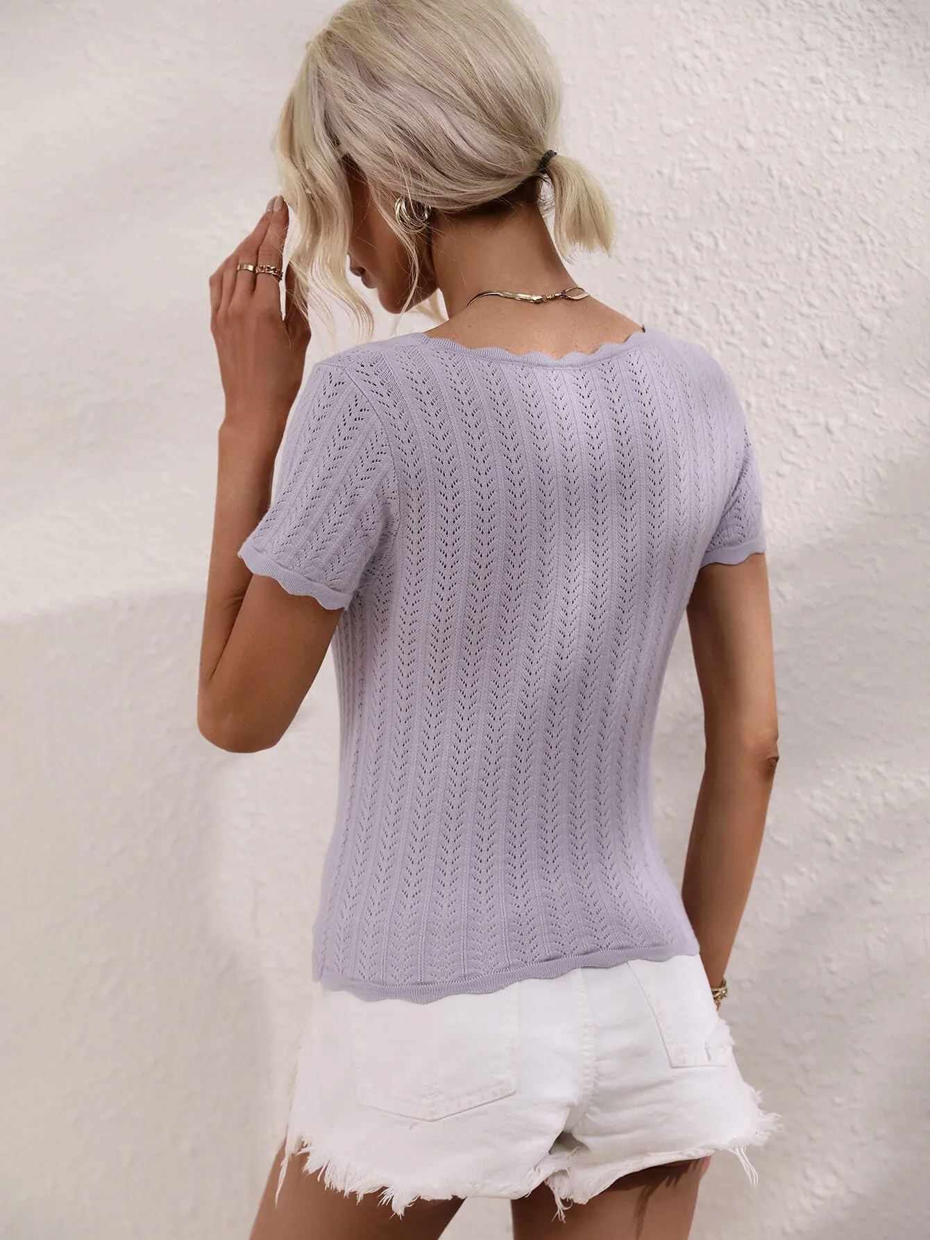 Scalloped Hem Square Neck Knit Top - 4 colors