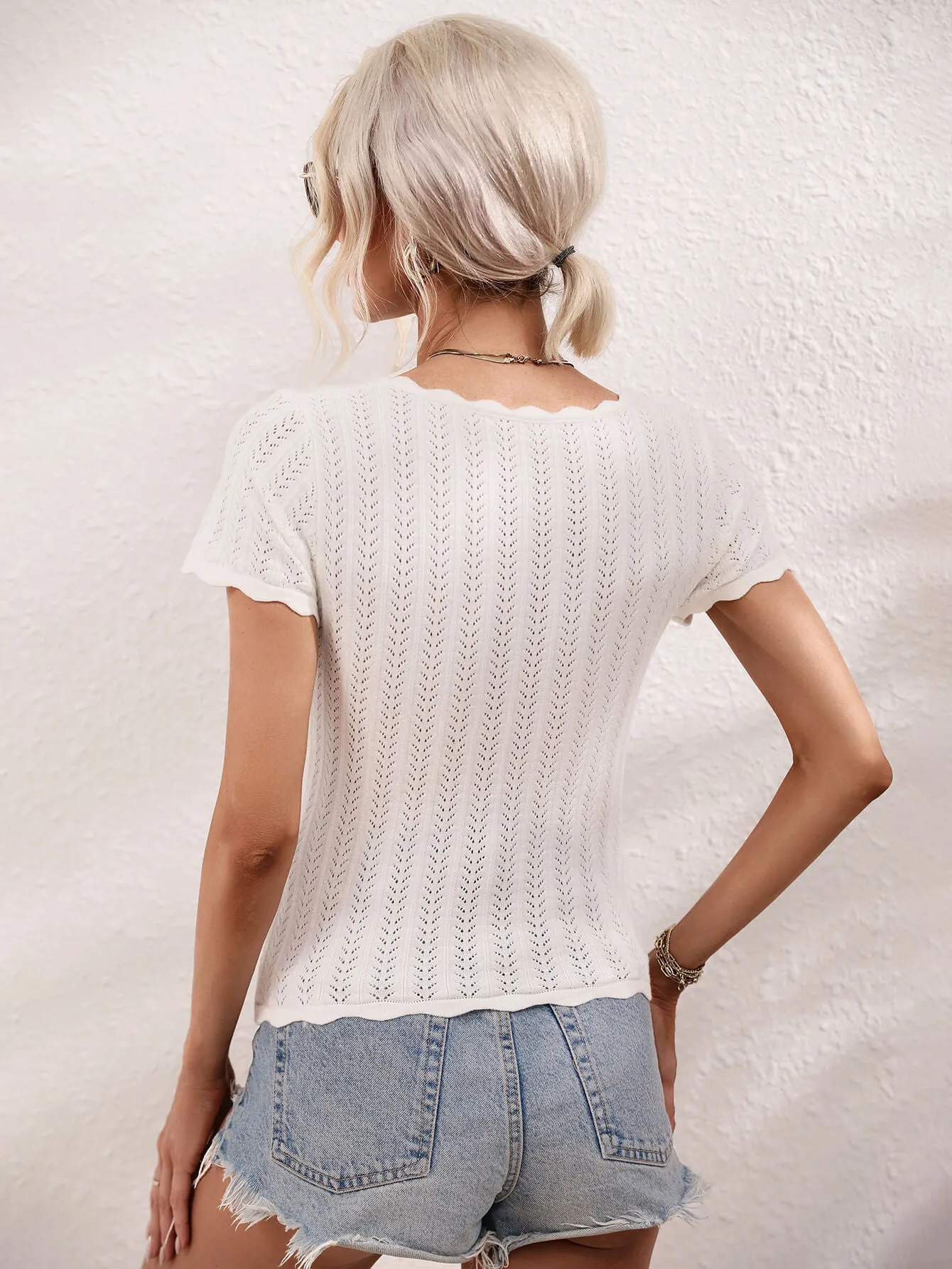 Scalloped Hem Square Neck Knit Top - 4 colors