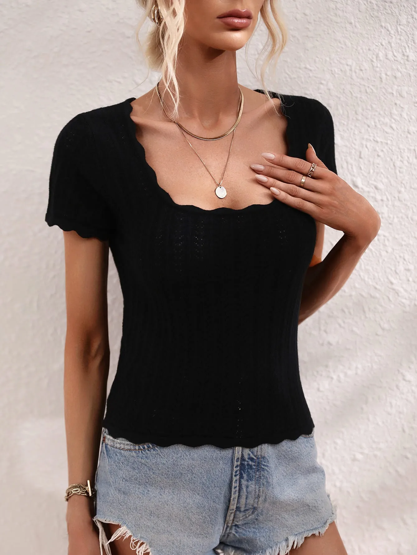 Scalloped Hem Square Neck Knit Top - 4 colors