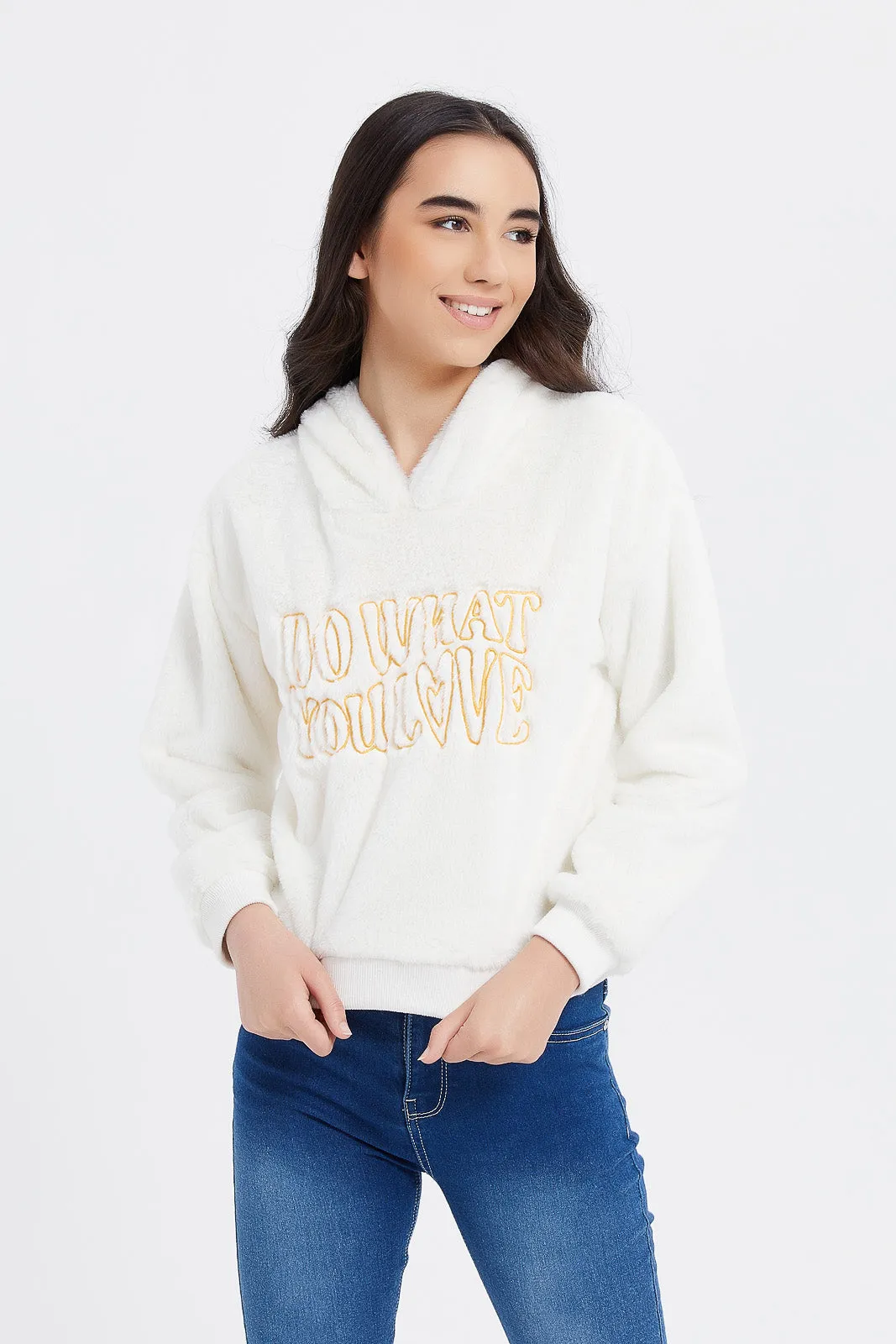 Senior Girls White Embroidered Hooded Fur Sweatshirt