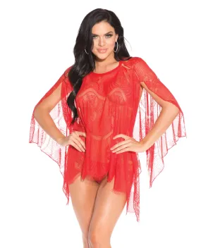 Sheer Lace Poncho w/G-String Red LG