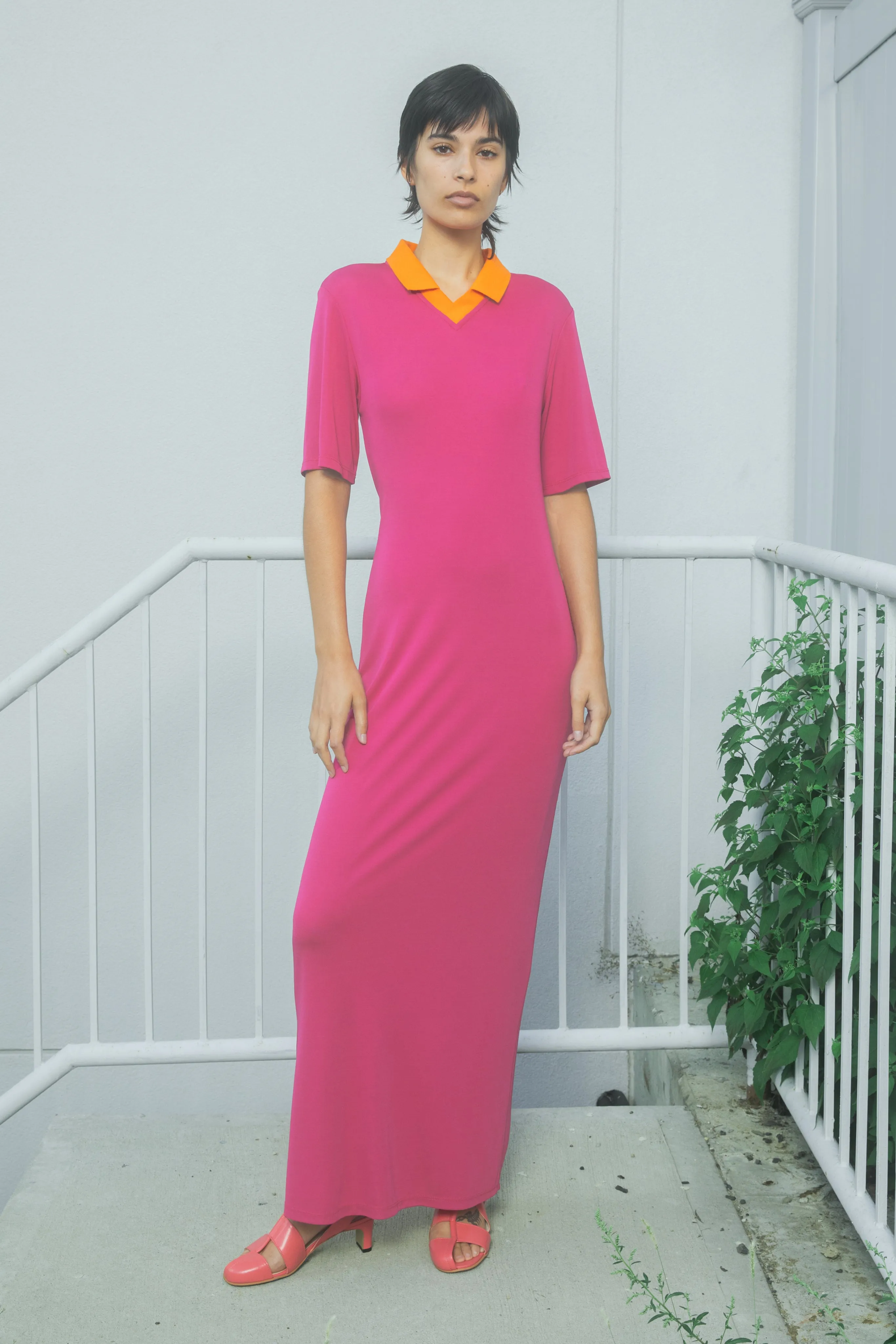 Short Sleeve Jersey Dress - Magenta / Orange