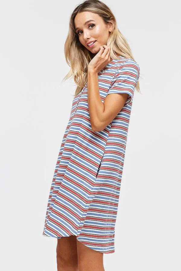 Short sleeve striped knit shift dress with V-neck and faux-button detail and pockets