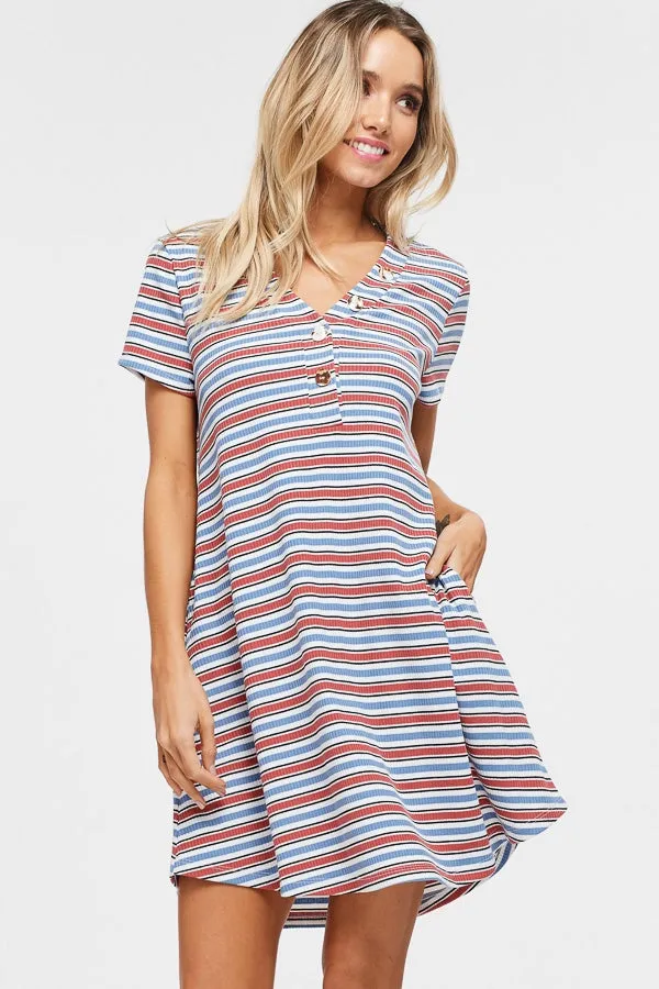 Short sleeve striped knit shift dress with V-neck and faux-button detail and pockets