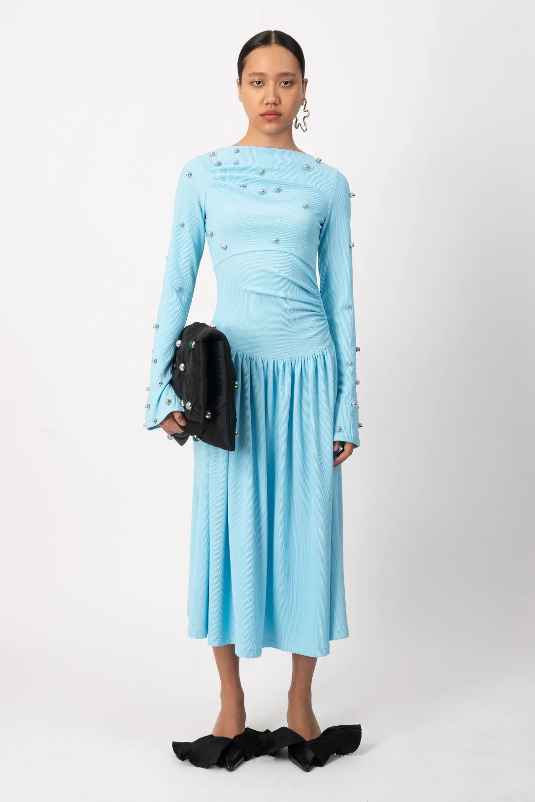 spring blue ornamental midi dress