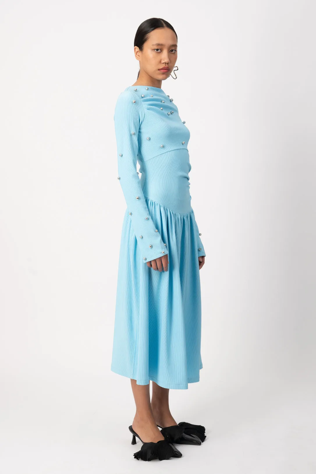 spring blue ornamental midi dress