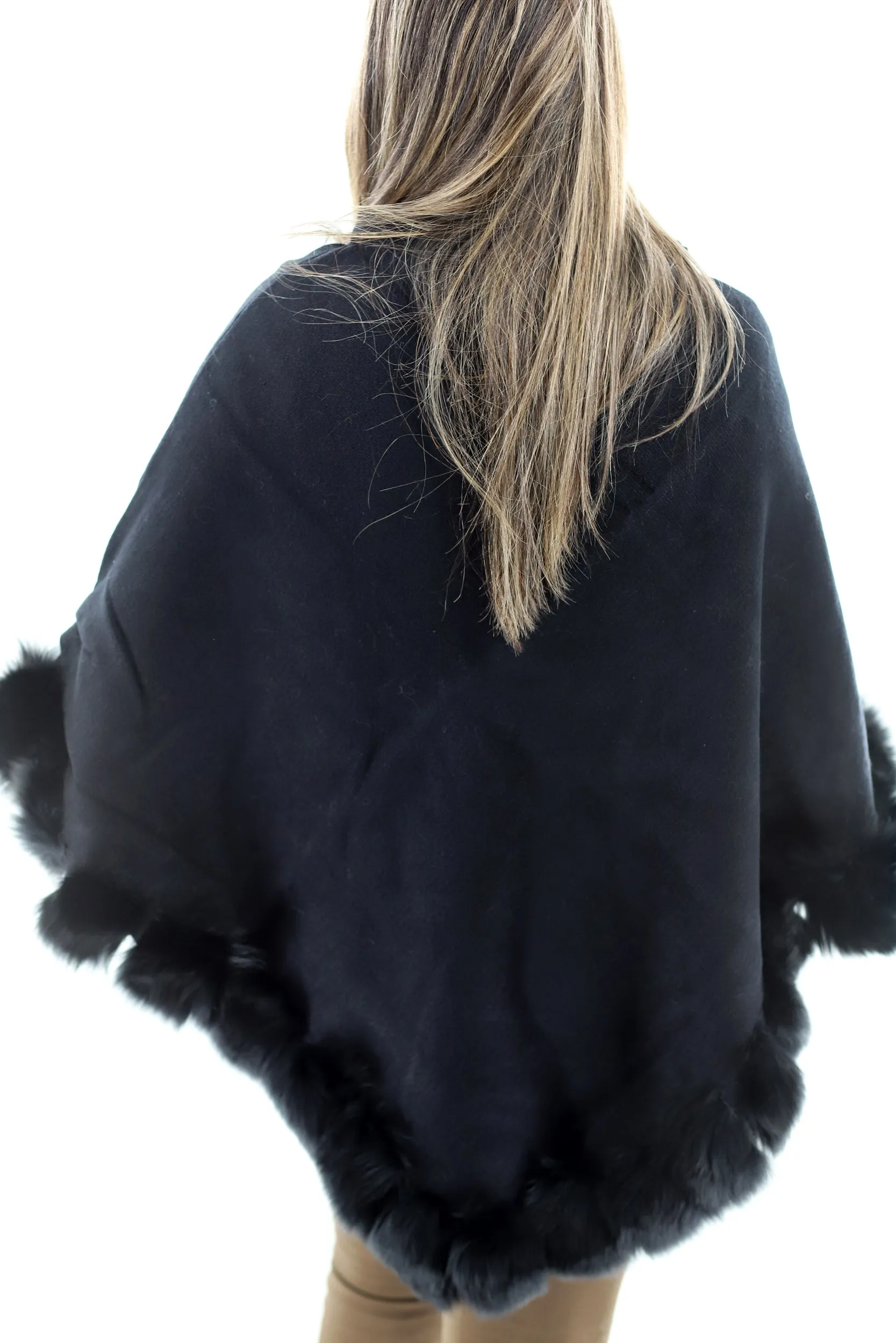 Stylish Poncho with Fur Trimming - Black