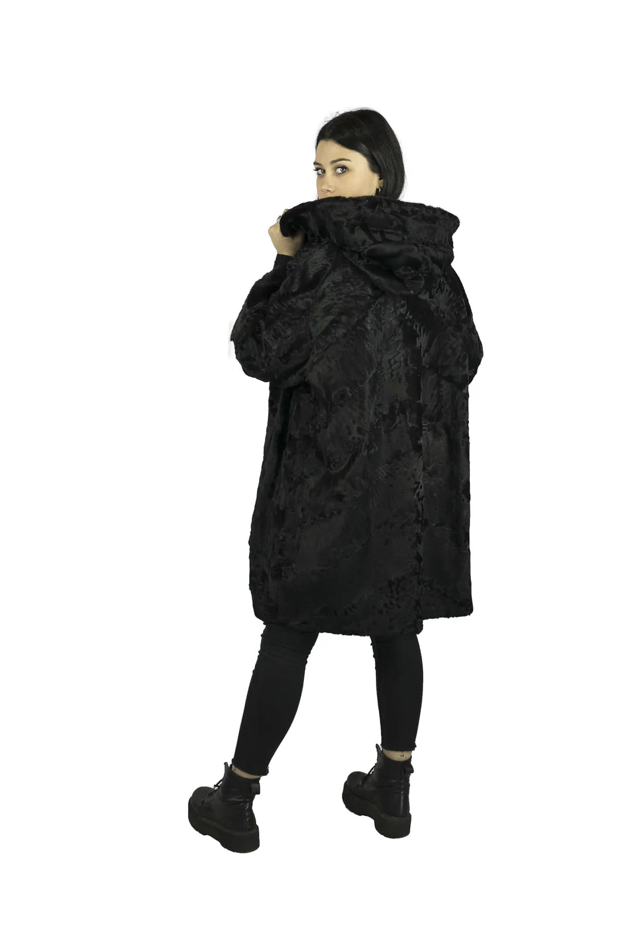 Swakara coat with lined hood mink