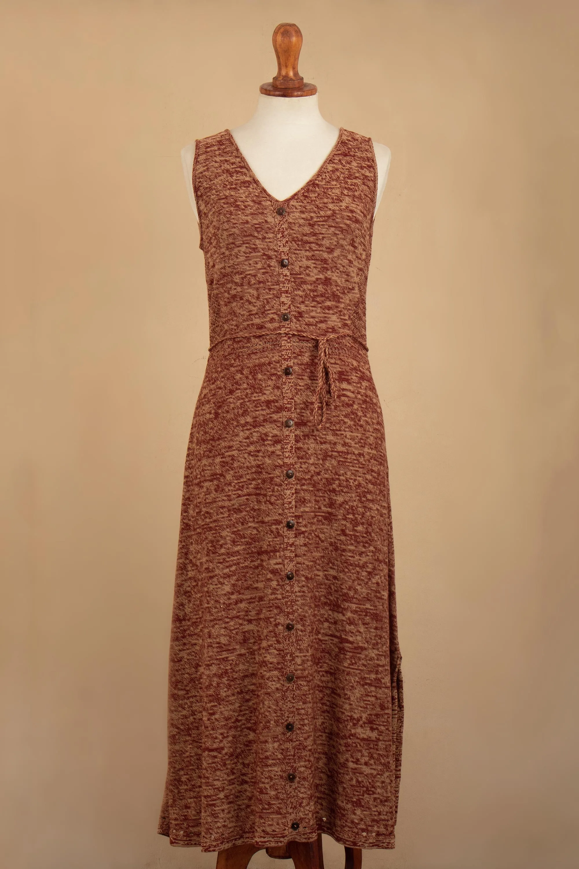 Toqo Melange Organic Cotton Buttoned Maxi Dress in Russet Red from Peru