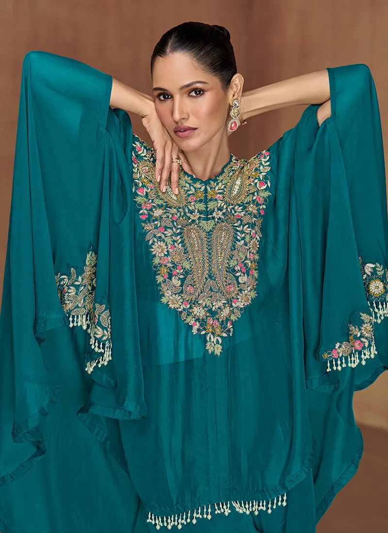 Turquoise Multi Embroidery Poncho Style Pant Suit