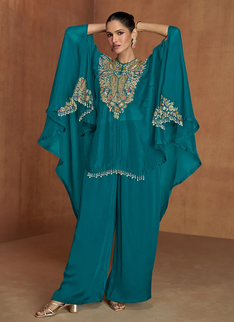 Turquoise Multi Embroidery Poncho Style Pant Suit