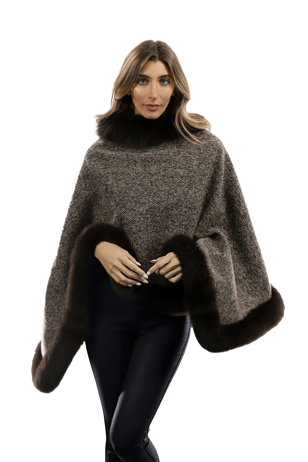 Tweed Poncho with Fur Trim - Brown