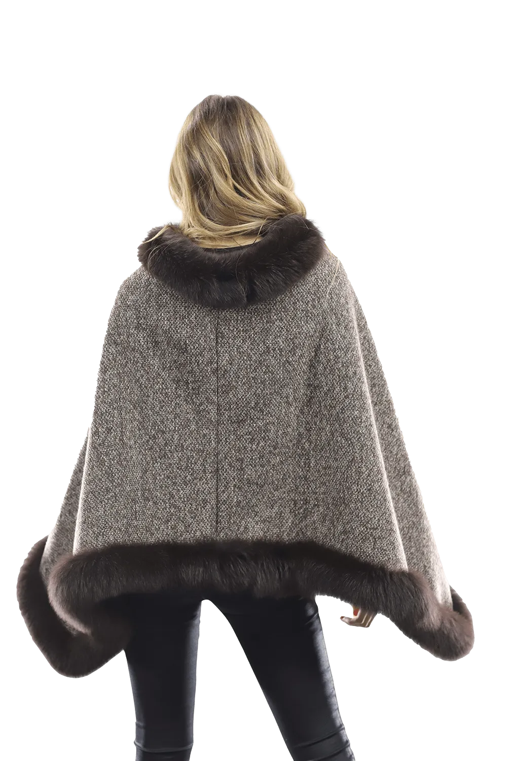 Tweed Poncho with Fur Trim - Brown